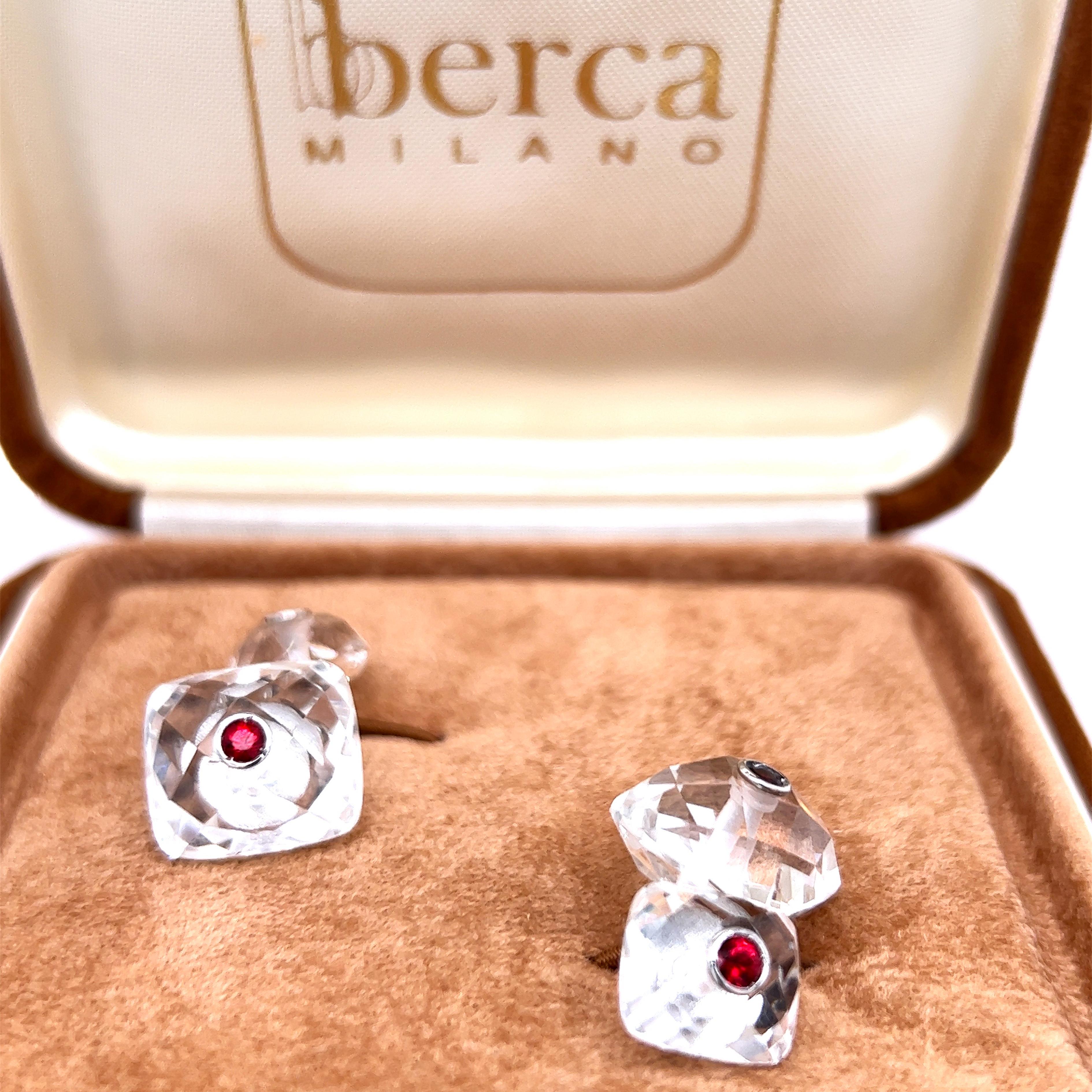 Berca Ruby Inlaid Faceted Rock Crystal Quartz Setting White Gold Cufflinks For Sale 4