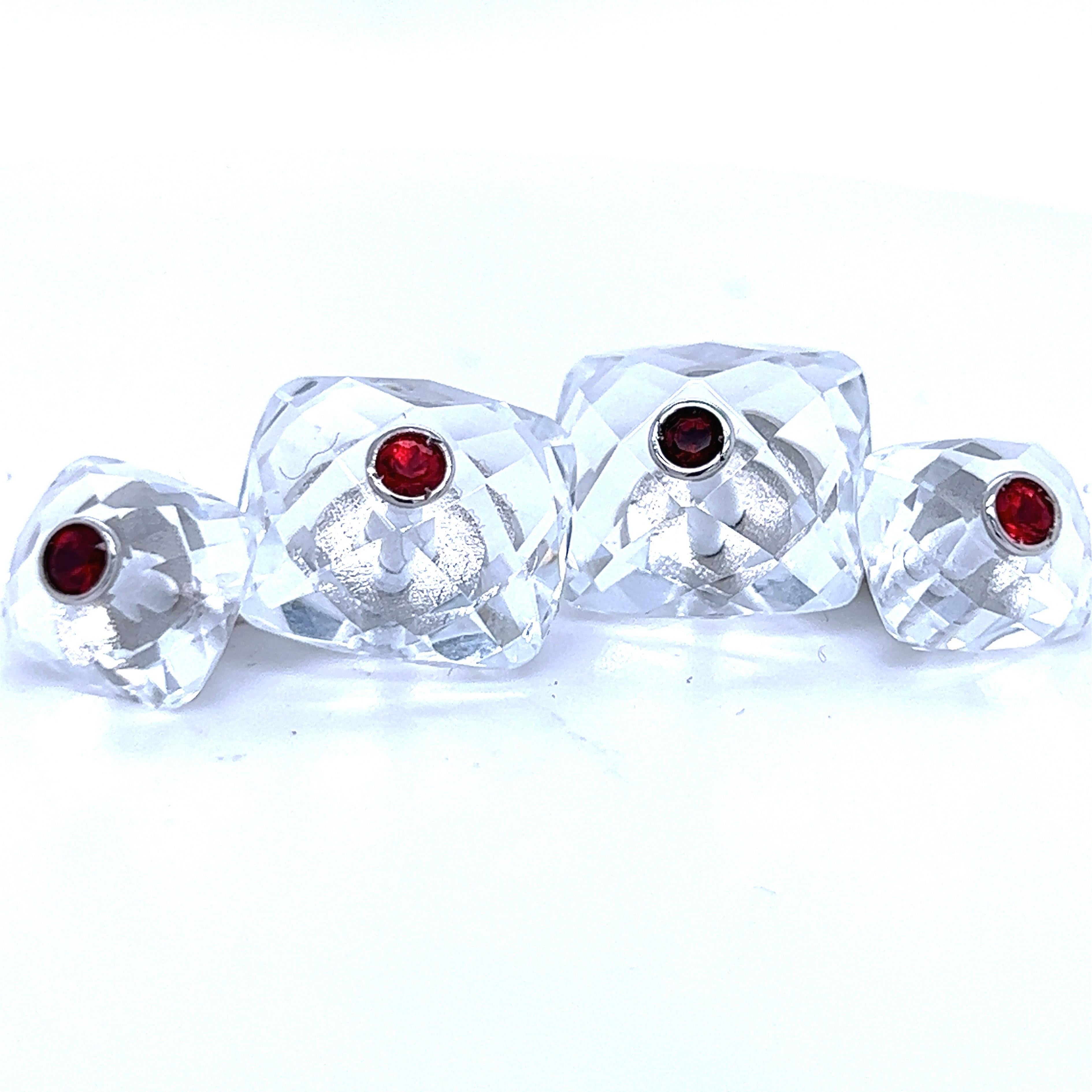 Unique, Chic yet Timeless 0.59 Carat Round Ruby Brilliant Cut in an 30 Carat Hand Inlaid Double Faceted  Transparent Rock CrystalQuartz White Gold Setting Cufflinks.
In our smart fitted Suede Tobacco Leather Case and Pouch.
