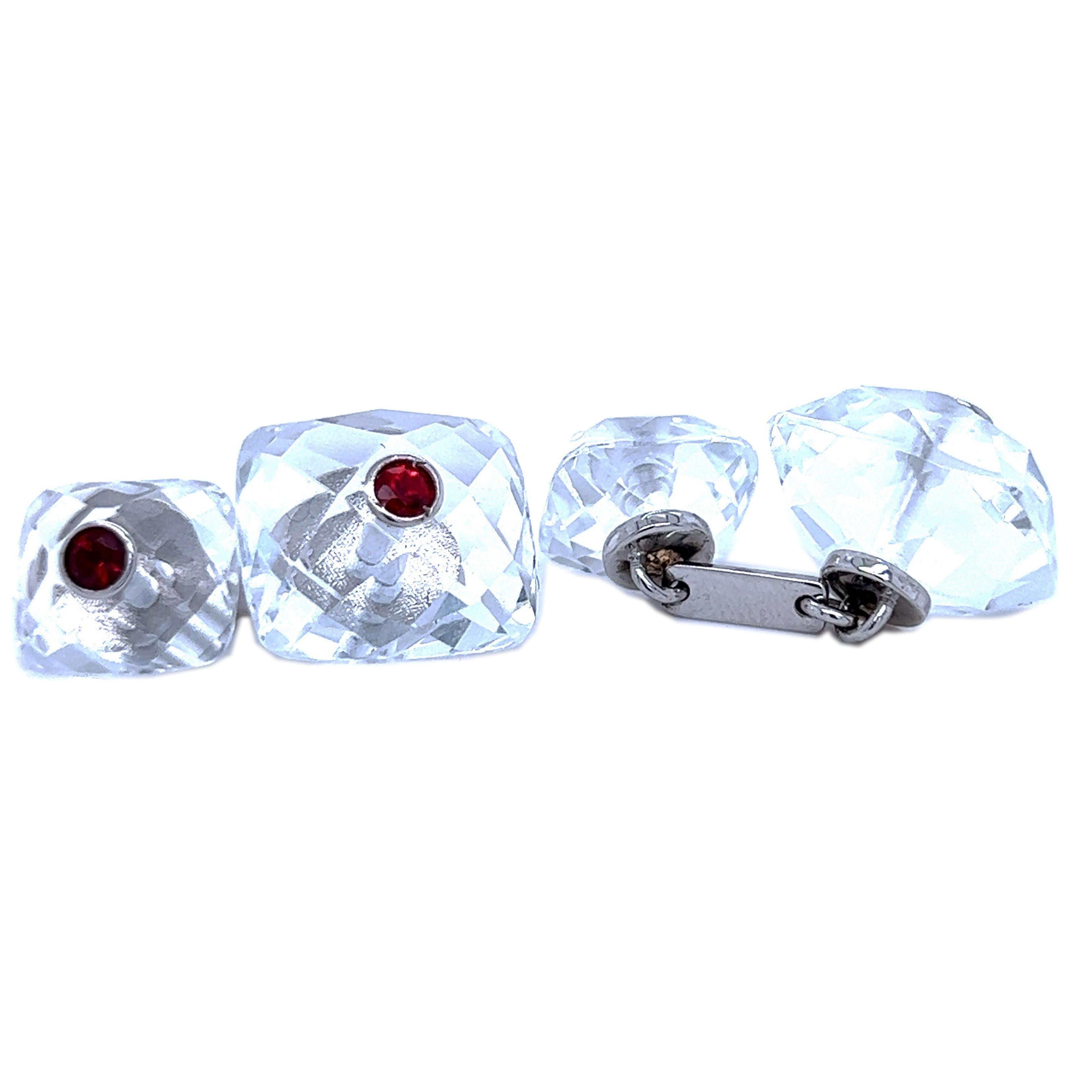 Contemporary Berca Ruby Inlaid Faceted Rock Crystal Quartz Setting White Gold Cufflinks For Sale