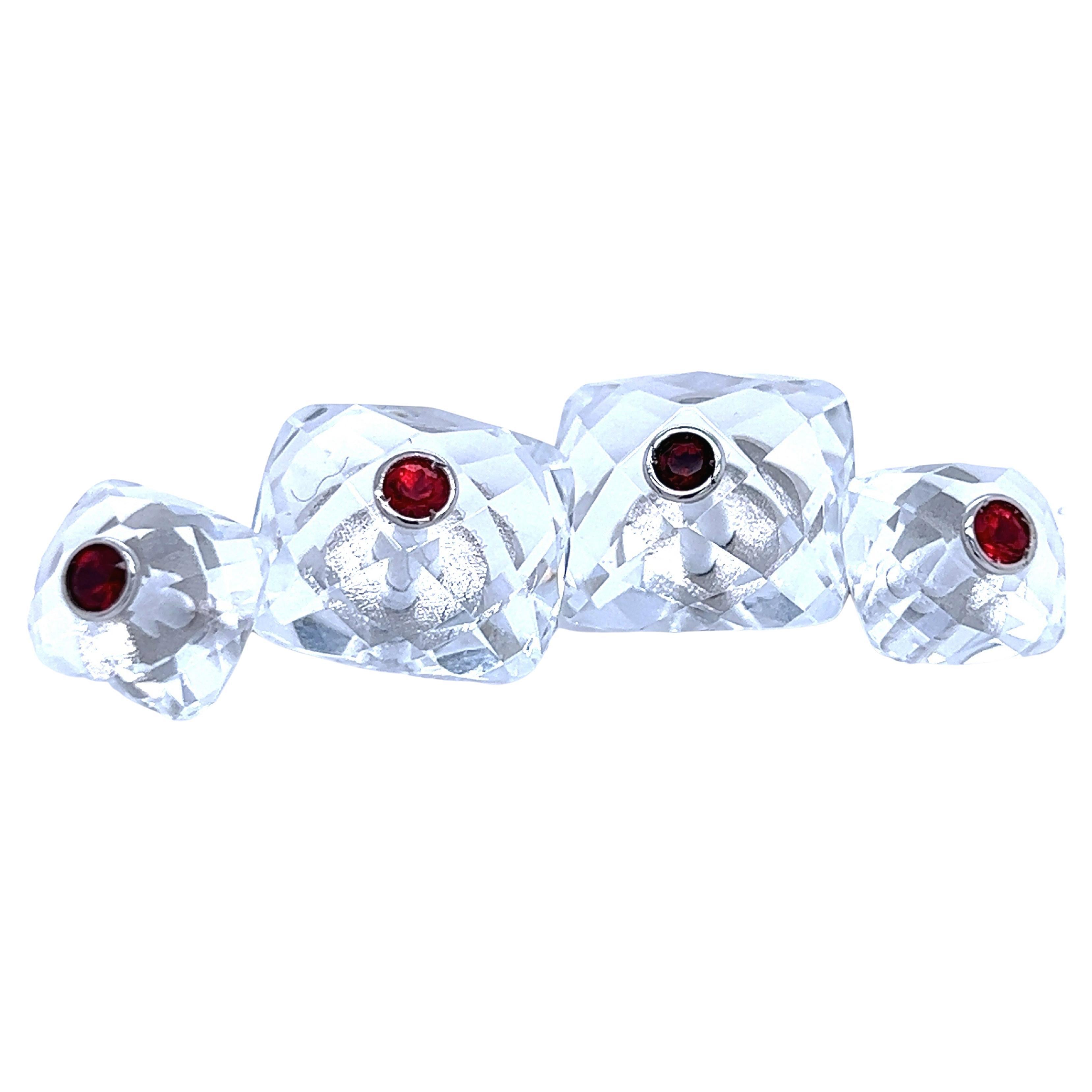 Berca Ruby Inlaid Faceted Rock Crystal Quartz Setting White Gold Cufflinks For Sale