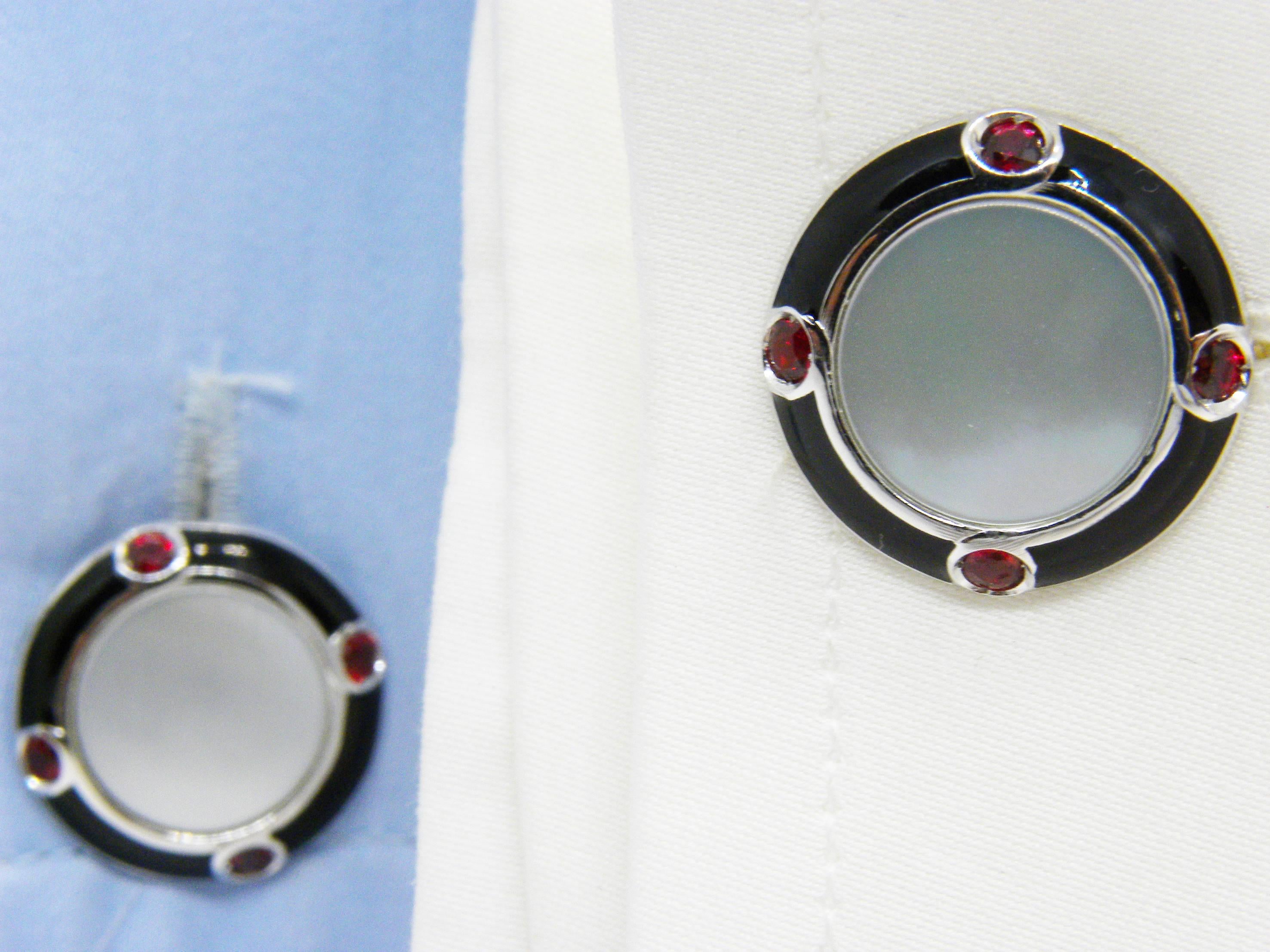 Round Cut Berca Ruby Onyx White Mother-of-pearl Color Hand Enameled White Gold Cufflinks For Sale