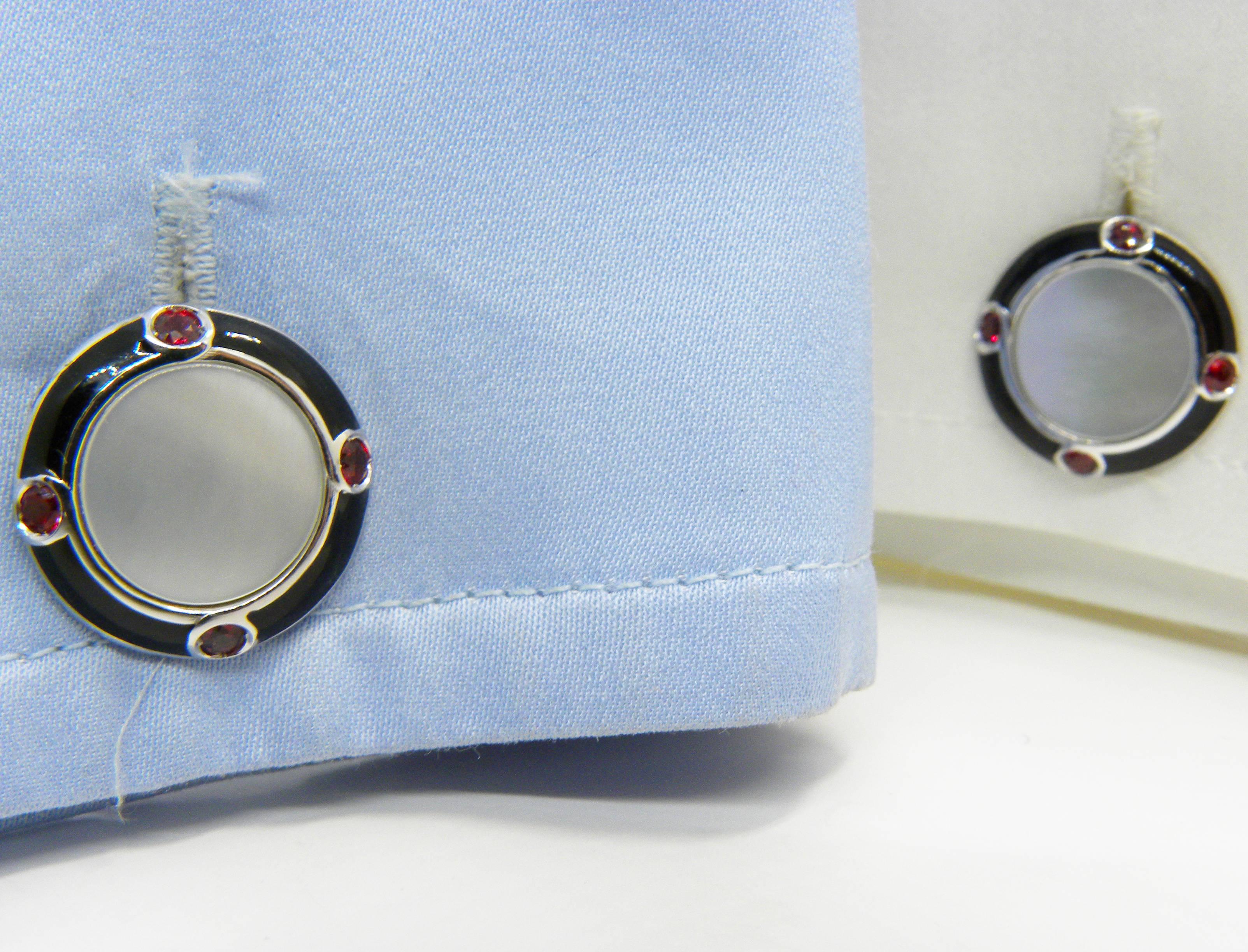 Berca Ruby Onyx White Mother-of-pearl Color Hand Enameled White Gold Cufflinks For Sale 1