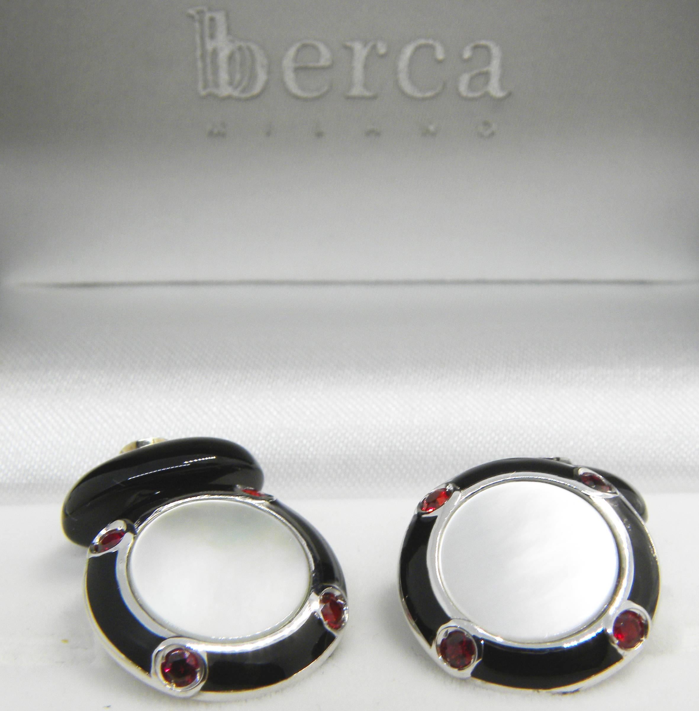 Berca Ruby Onyx White Mother-of-pearl Color Hand Enameled White Gold Cufflinks For Sale 2