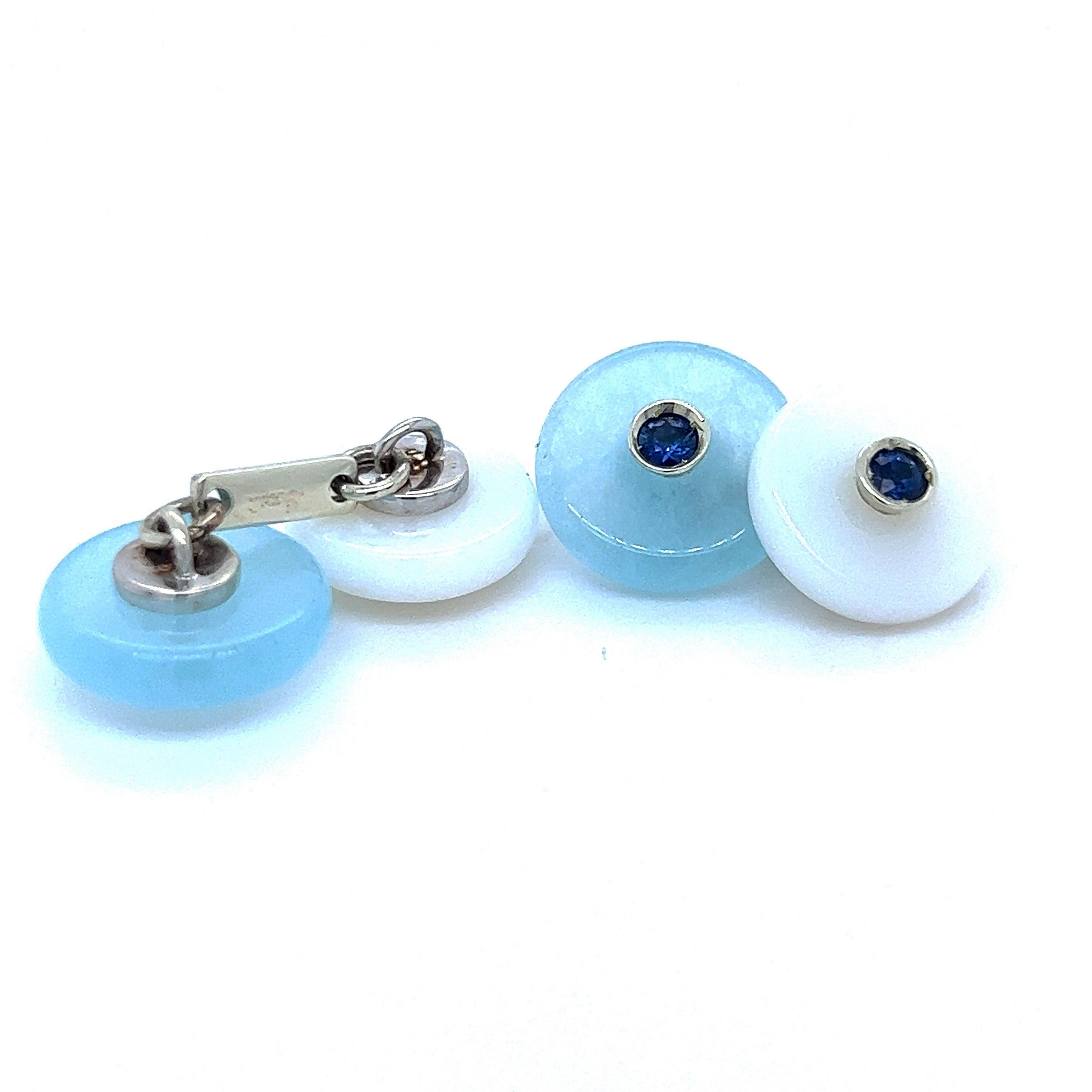 Berca Sapphire in an Aquamarine Chalcedony Disk Setting White Gold Cufflinks For Sale 4
