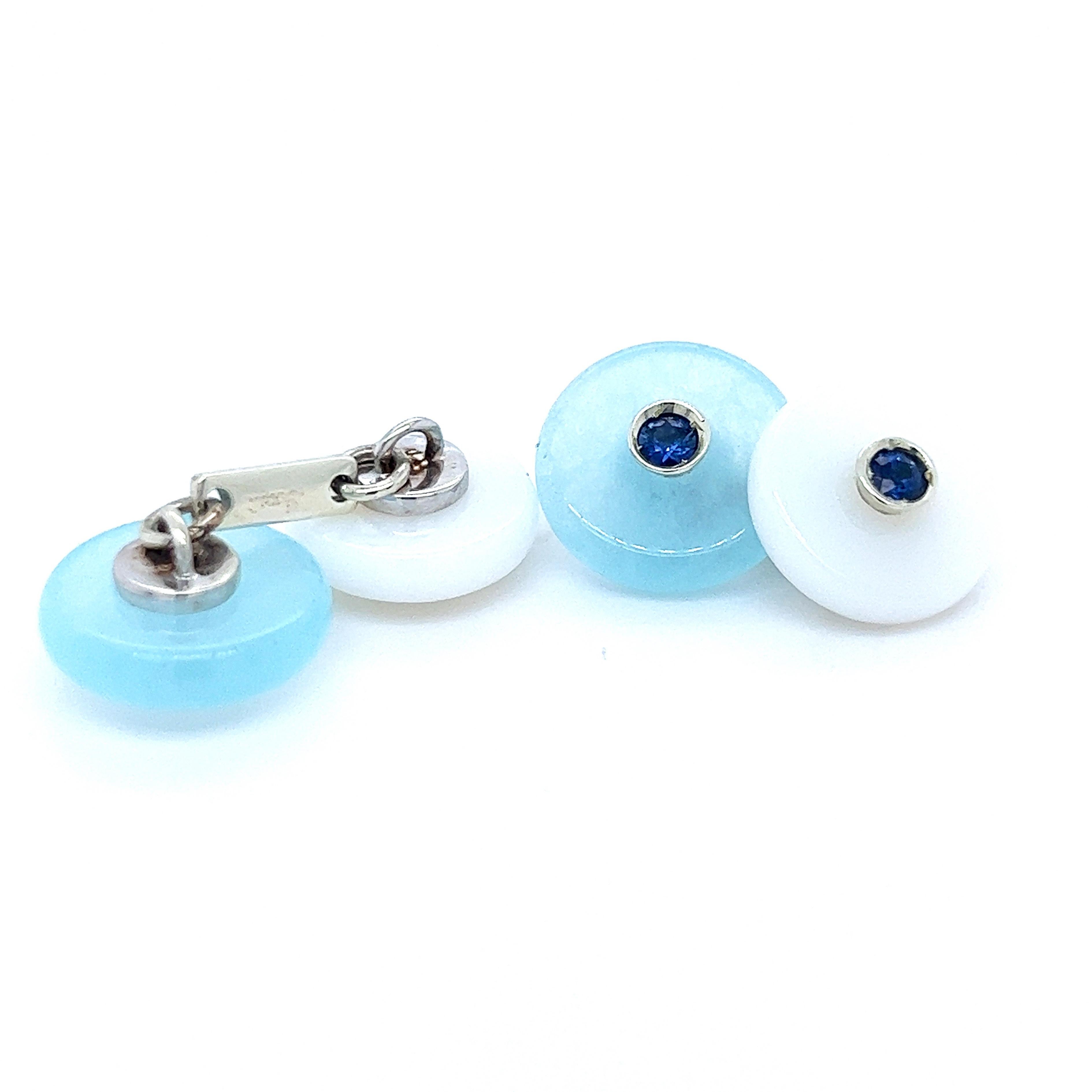 Berca Sapphire in an Aquamarine Chalcedony Disk Setting White Gold Cufflinks For Sale 5