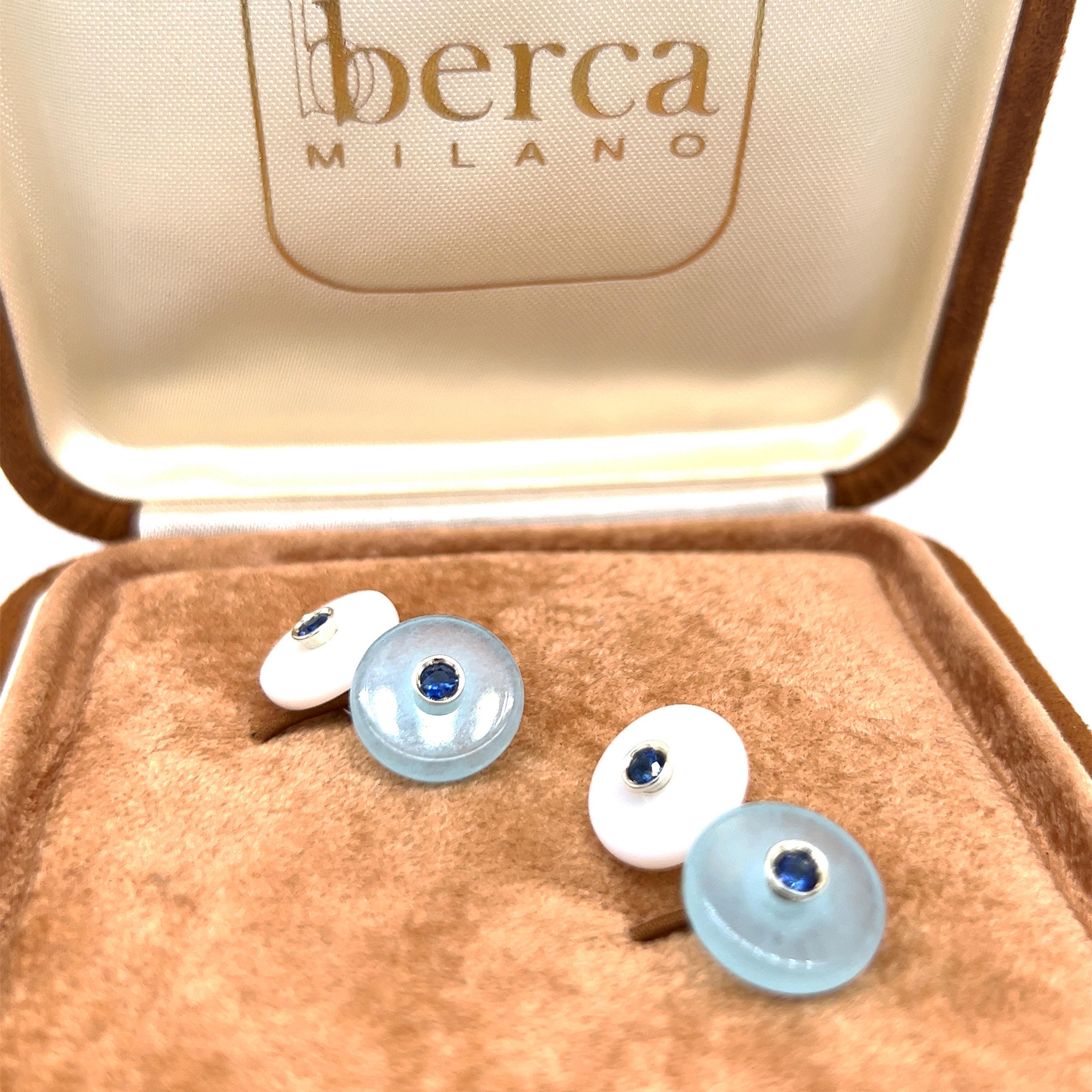 Men's Berca Sapphire in an Aquamarine Chalcedony Disk Setting White Gold Cufflinks For Sale