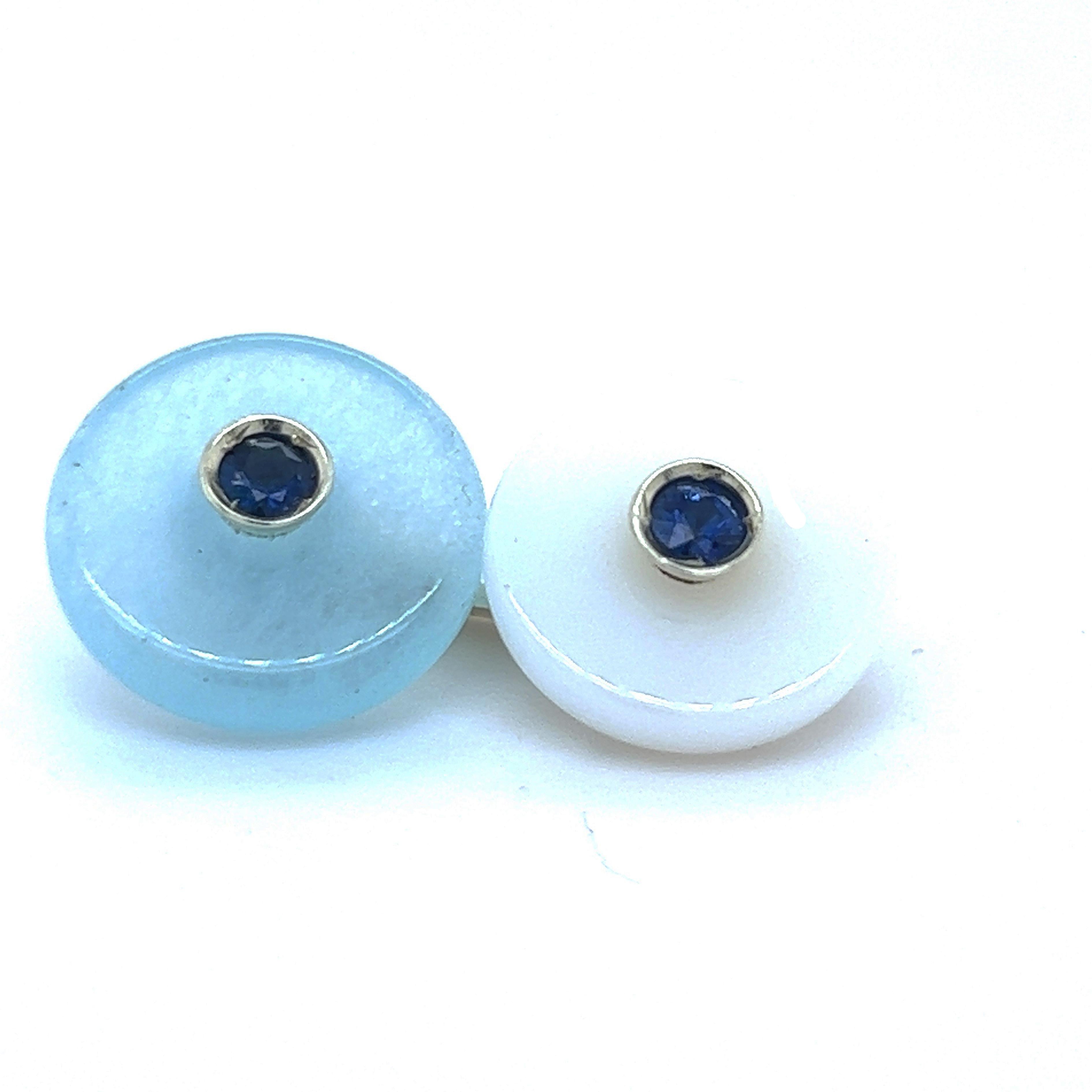 Berca Sapphire in an Aquamarine Chalcedony Disk Setting White Gold Cufflinks For Sale 3