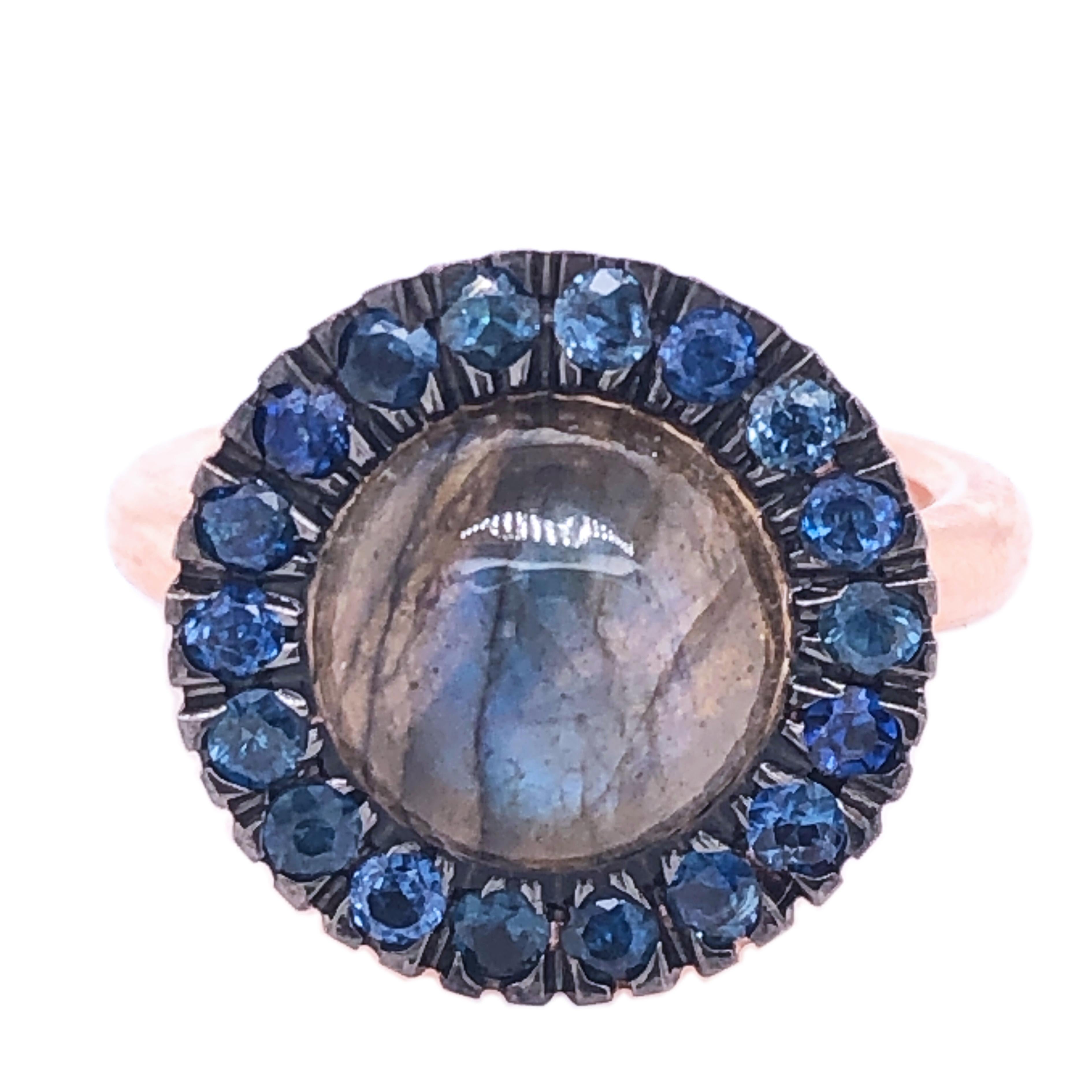 Berca Sapphire Round Labradorite Cabochon Rose Gold Cocktail Ring For Sale 4