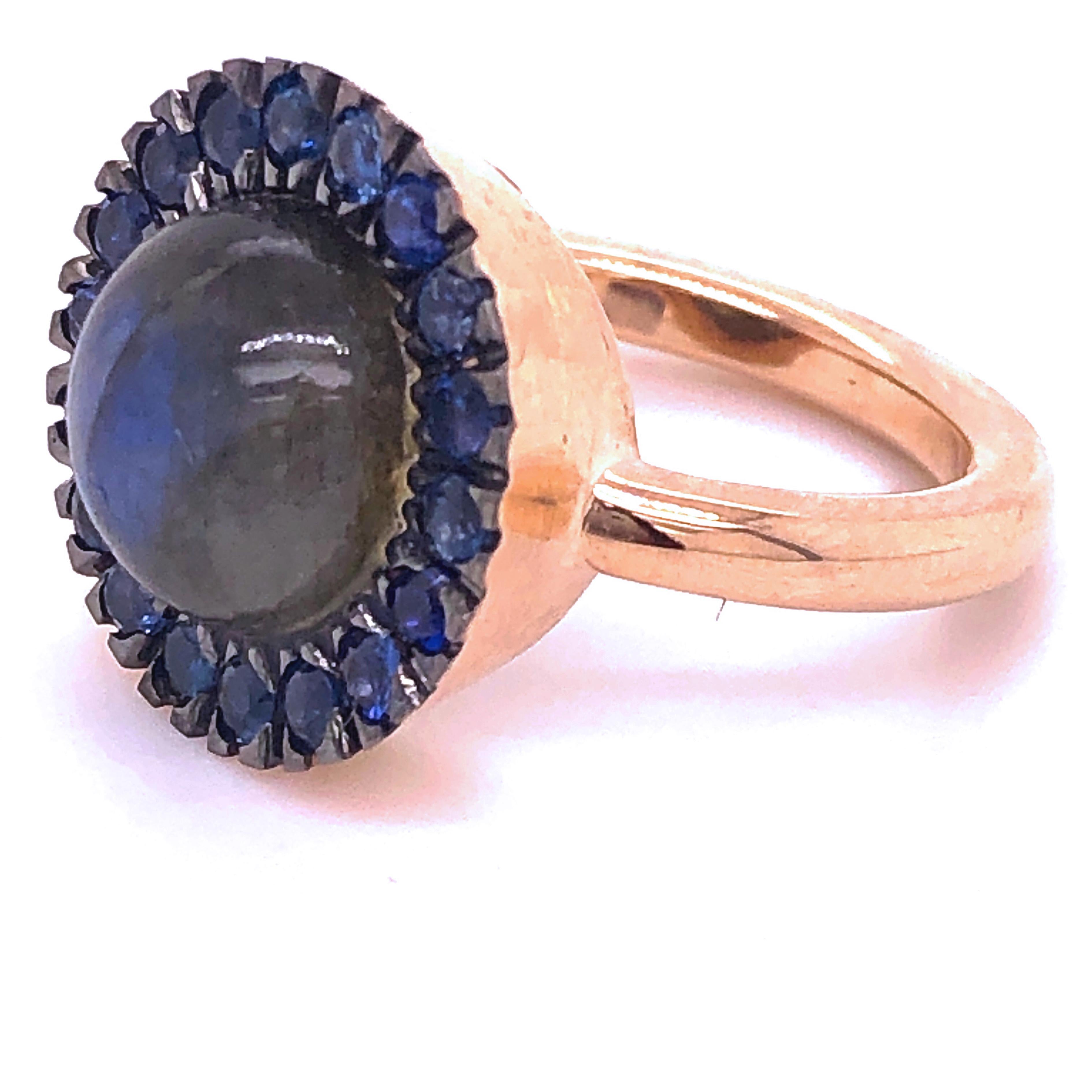 Berca Sapphire Round Labradorite Cabochon Rose Gold Cocktail Ring For Sale 5