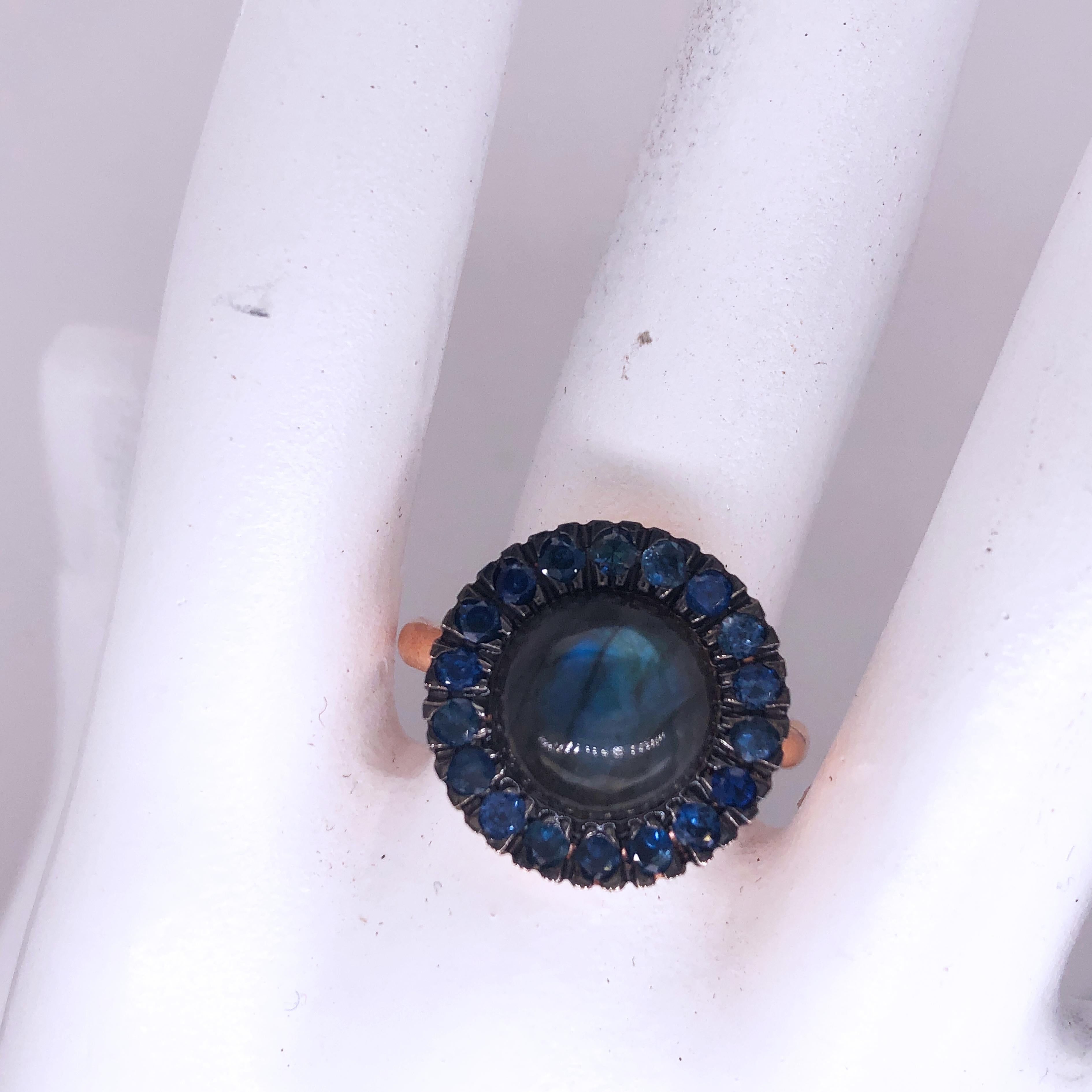 Berca Sapphire Round Labradorite Cabochon Rose Gold Cocktail Ring For Sale 6