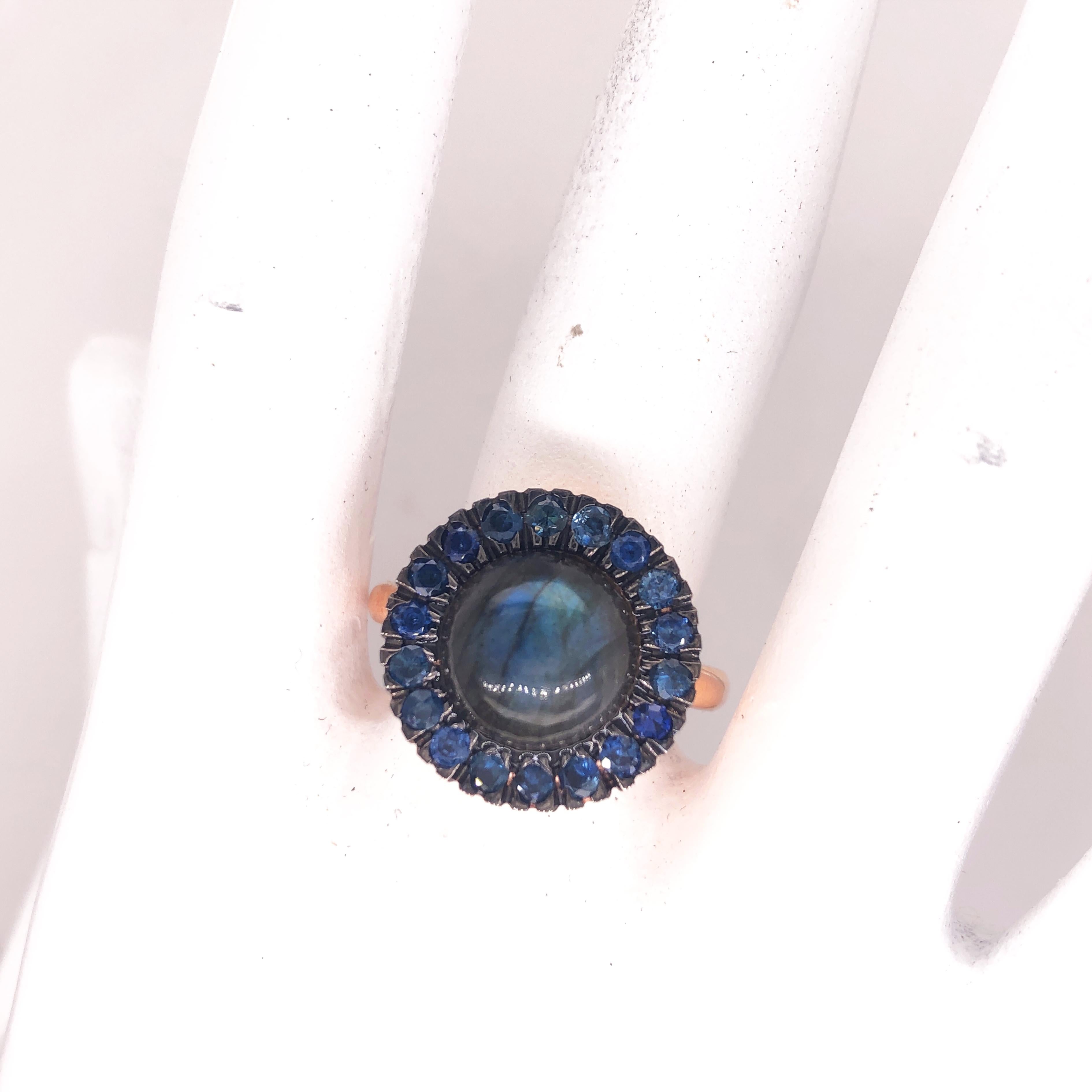 Berca Sapphire Round Labradorite Cabochon Rose Gold Cocktail Ring For Sale 7