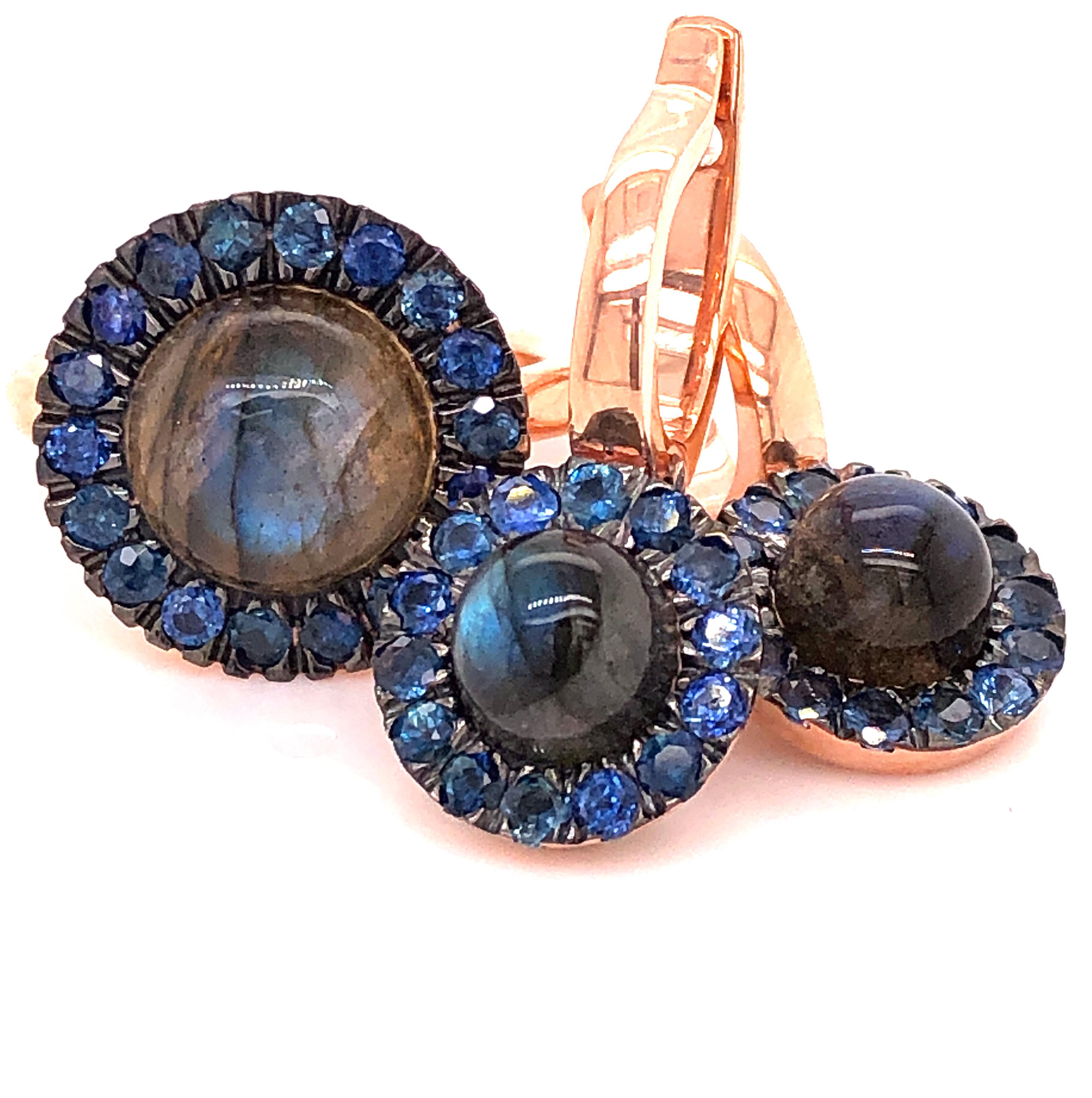 Berca Sapphire Round Labradorite Cabochon Rose Gold Cocktail Ring For Sale 8