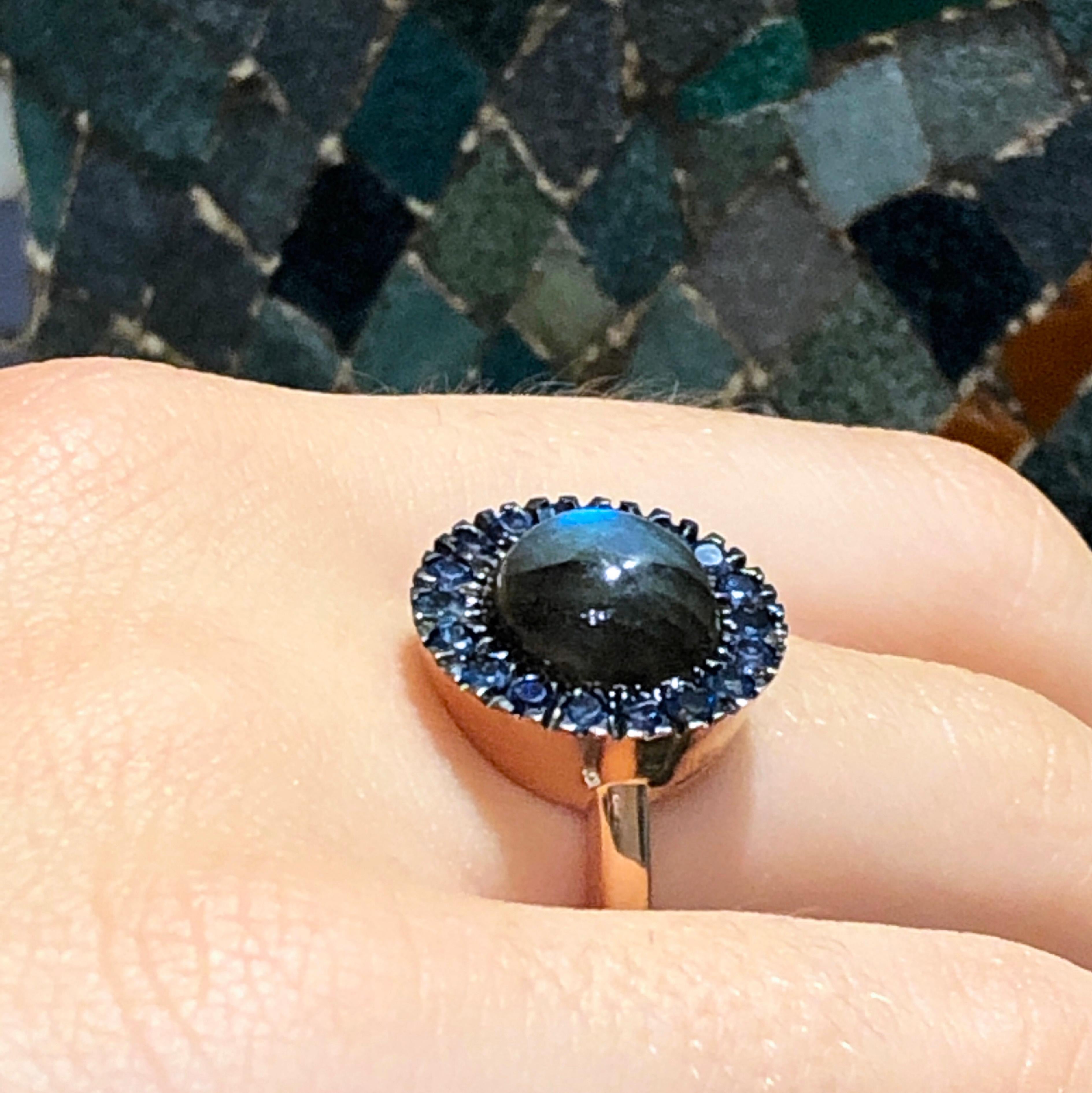 Berca Sapphire Round Labradorite Cabochon Rose Gold Cocktail Ring For Sale 9