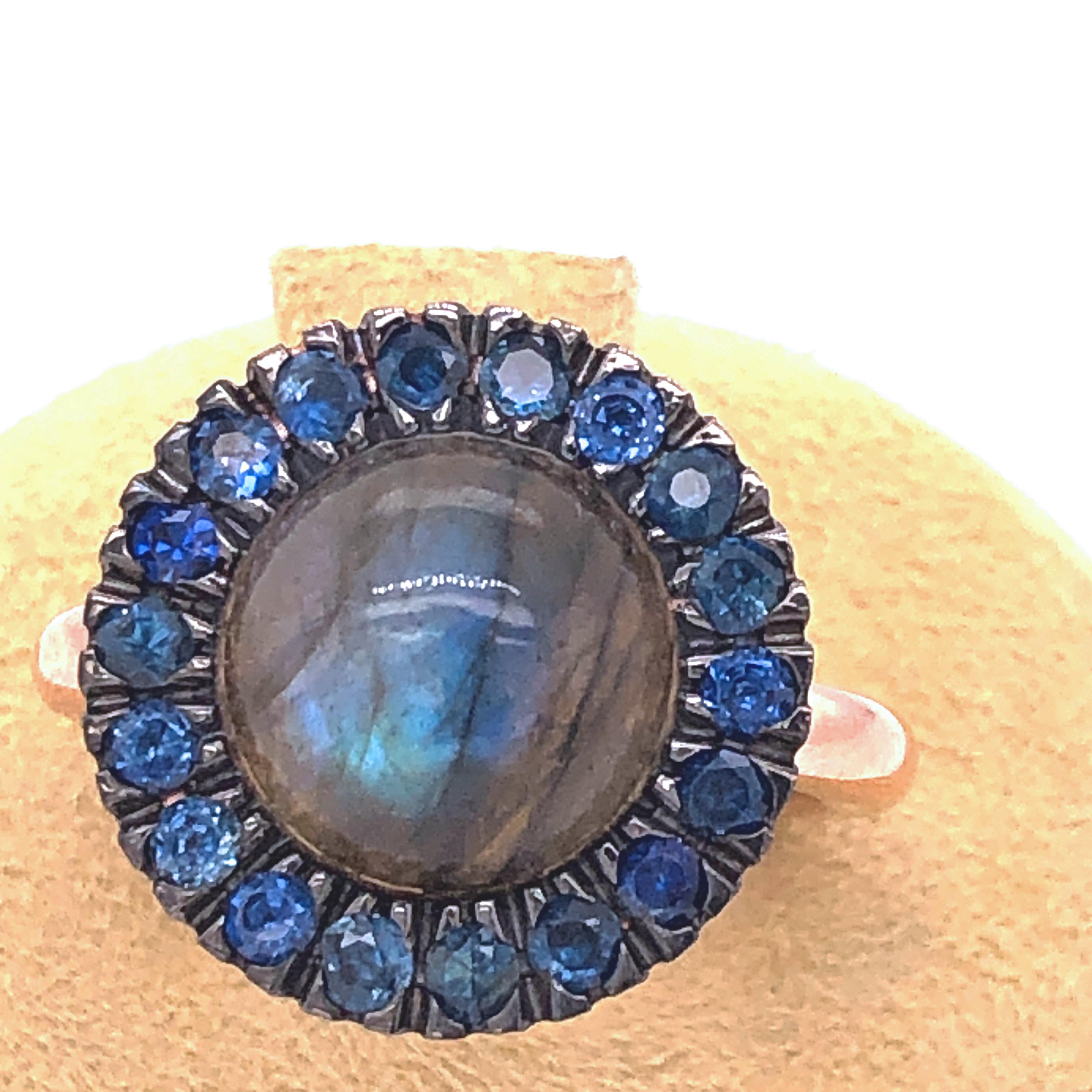 Contemporary Berca Sapphire Round Labradorite Cabochon Rose Gold Cocktail Ring For Sale