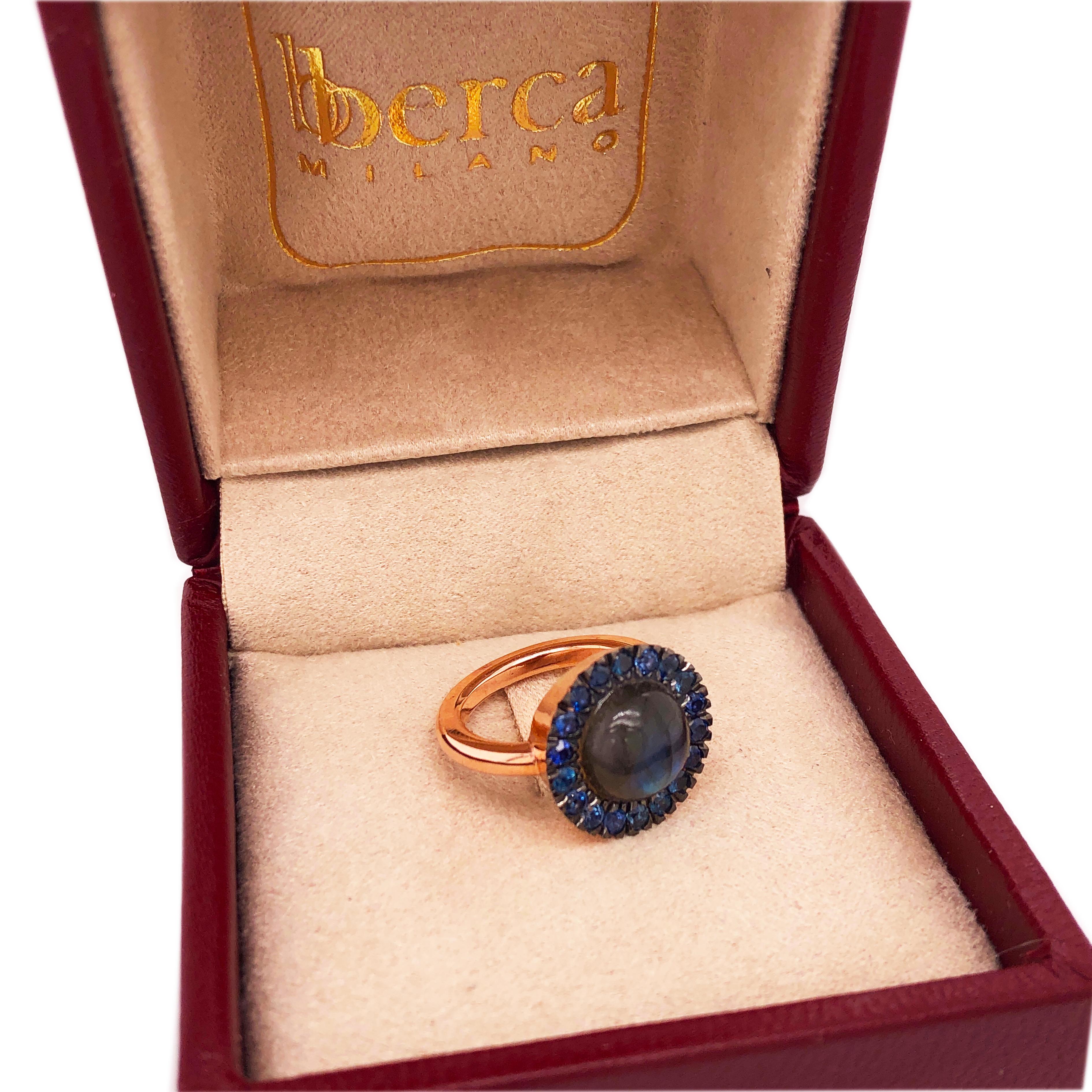 Women's Berca Sapphire Round Labradorite Cabochon Rose Gold Cocktail Ring For Sale