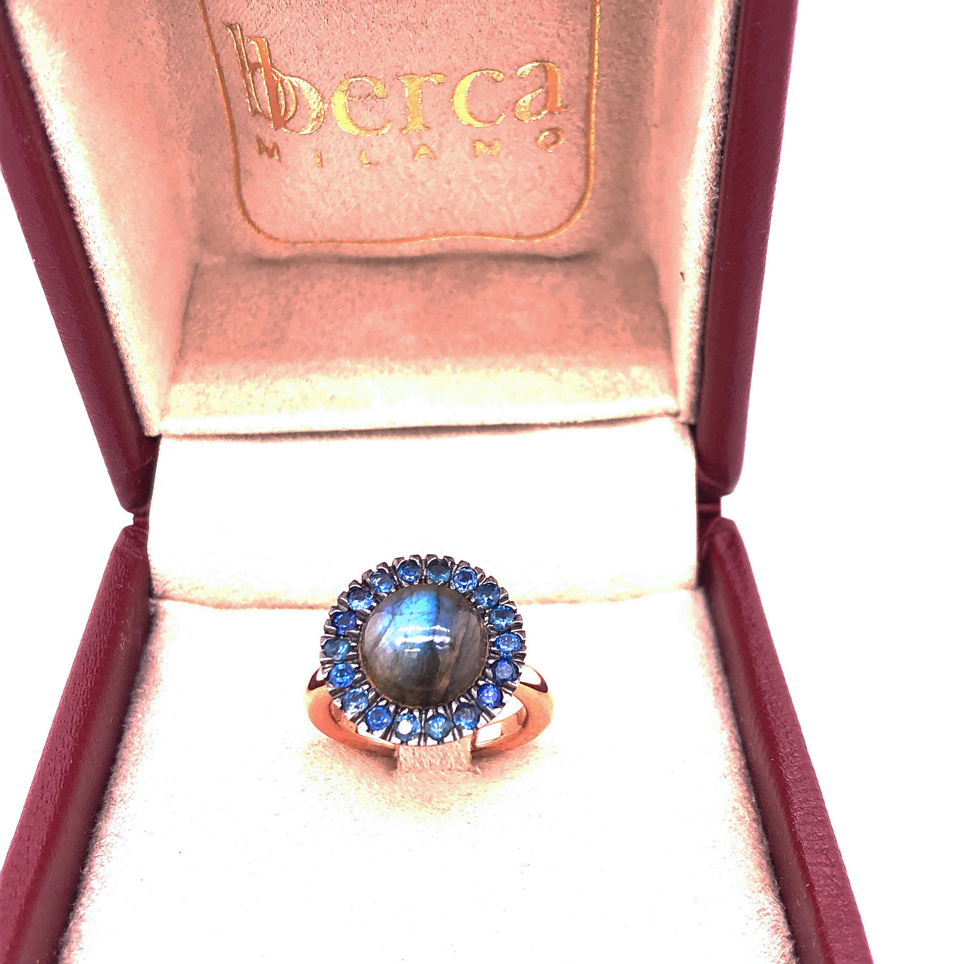 Berca Sapphire Round Labradorite Cabochon Rose Gold Cocktail Ring For Sale 1