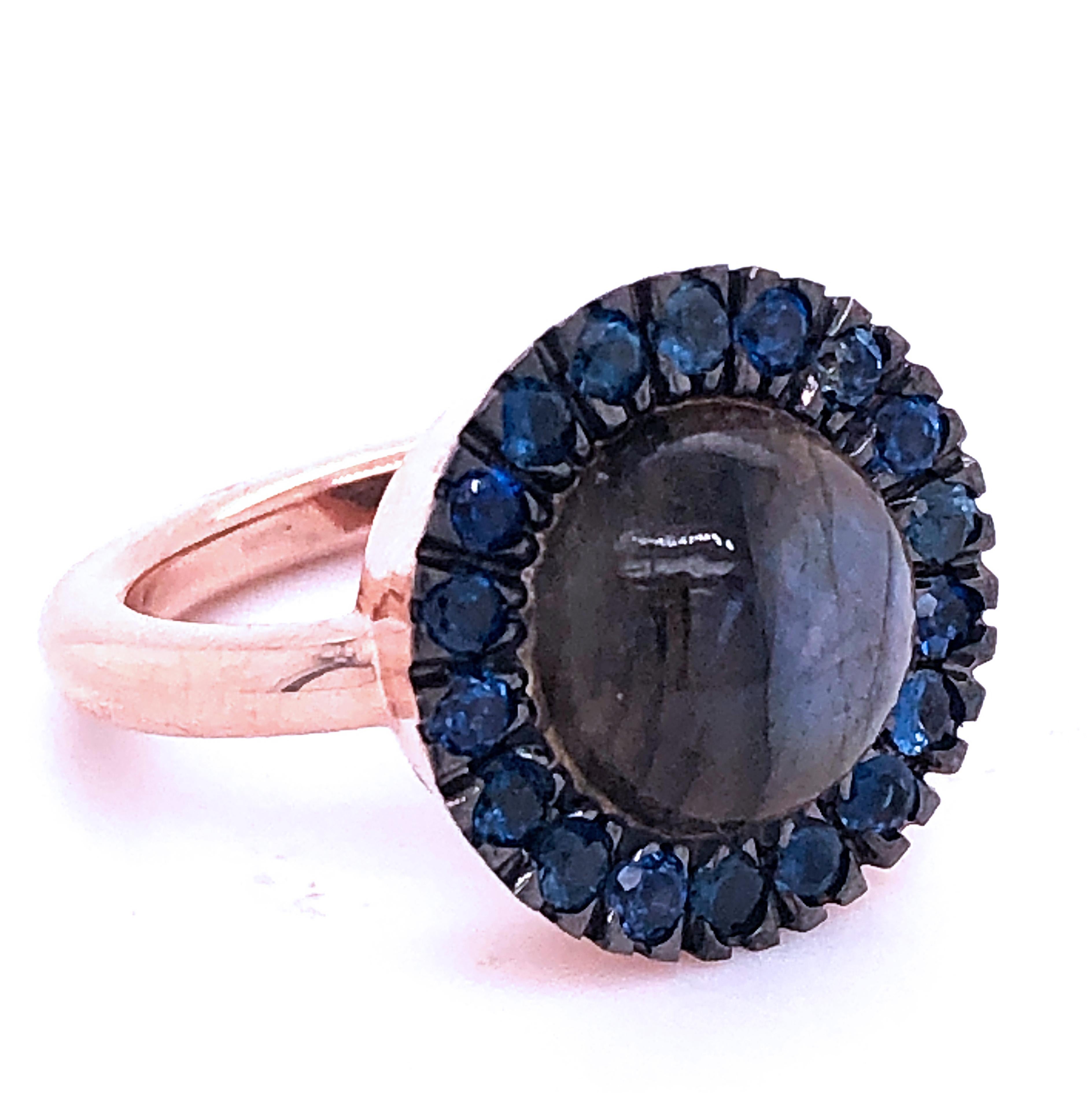 Berca Sapphire Round Labradorite Cabochon Rose Gold Cocktail Ring For Sale 3
