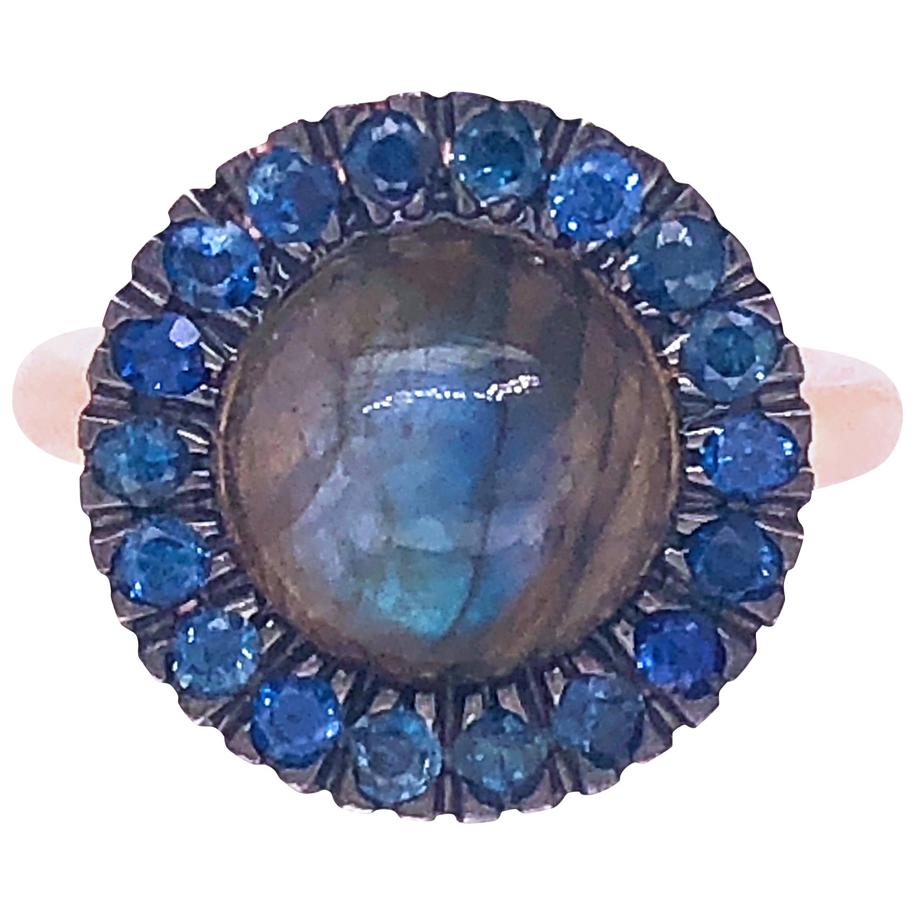 Berca Sapphire Round Labradorite Cabochon Rose Gold Cocktail Ring