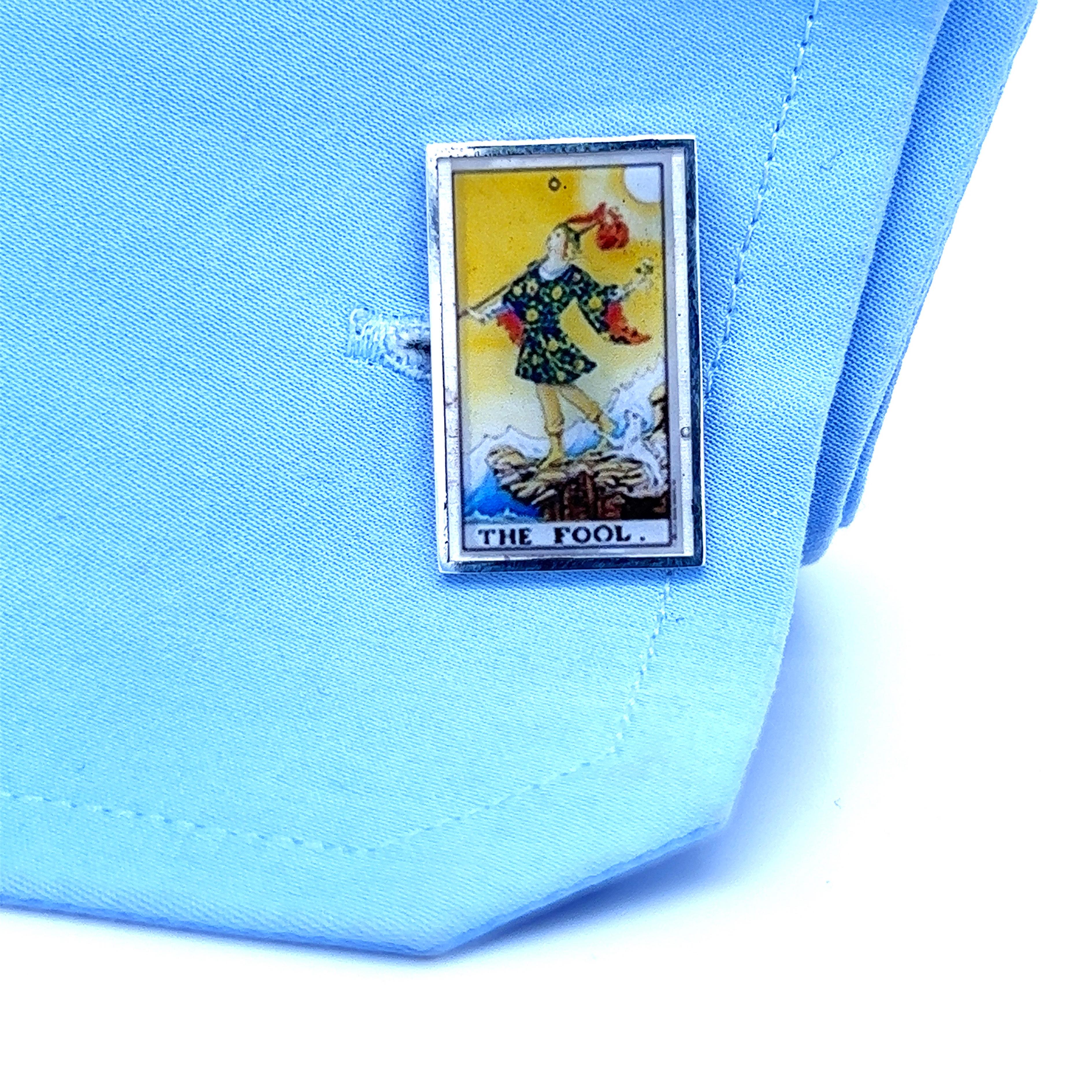 The Fool and the Hermit Tarot Card Sterling Silver Cufflinks In New Condition For Sale In Valenza, IT