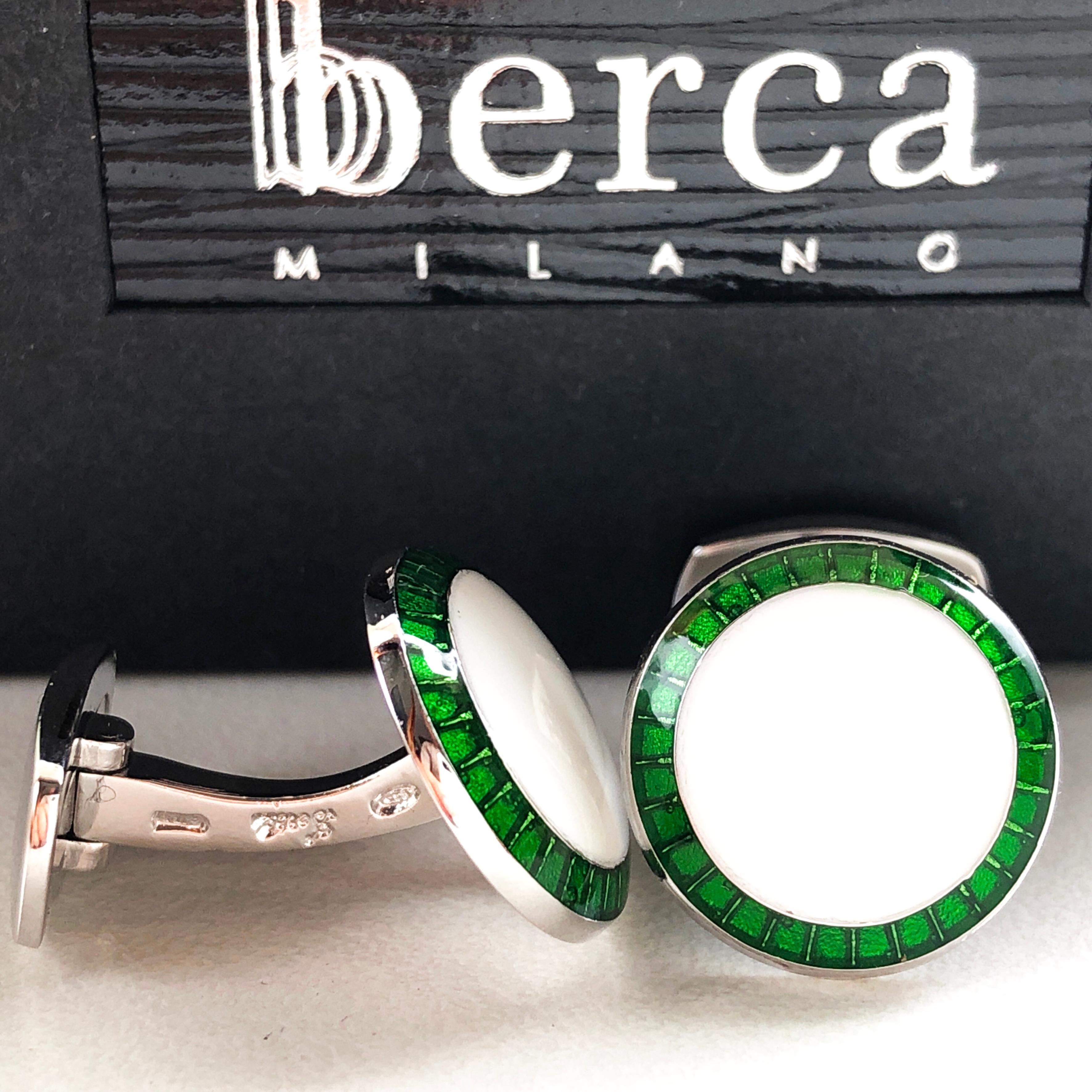 Men's Berca Transparent Green White Hand Enameled T-Bar Back Sterling Silver Cufflinks For Sale