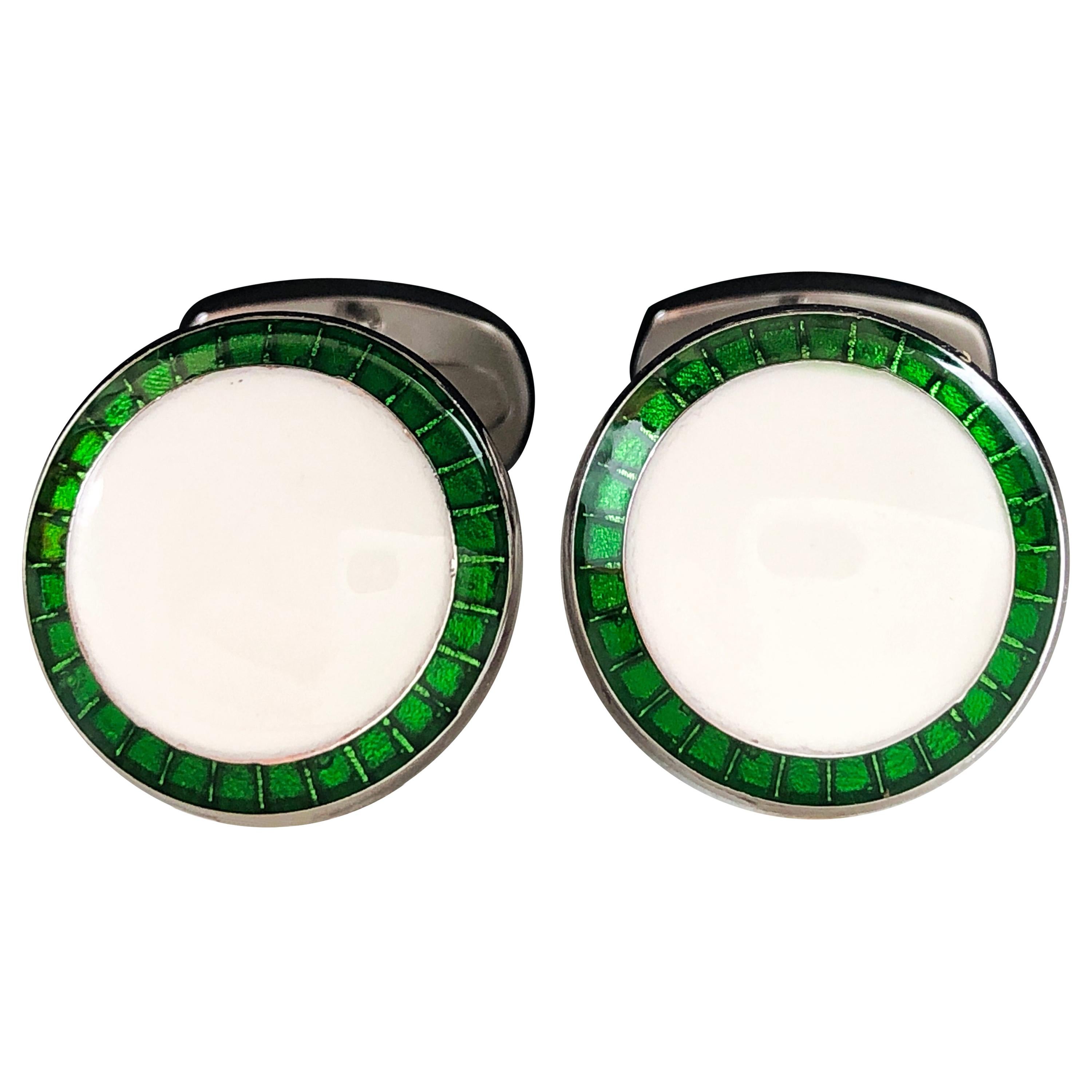 Berca Transparent Green White Hand Enameled T-Bar Back Sterling Silver Cufflinks For Sale