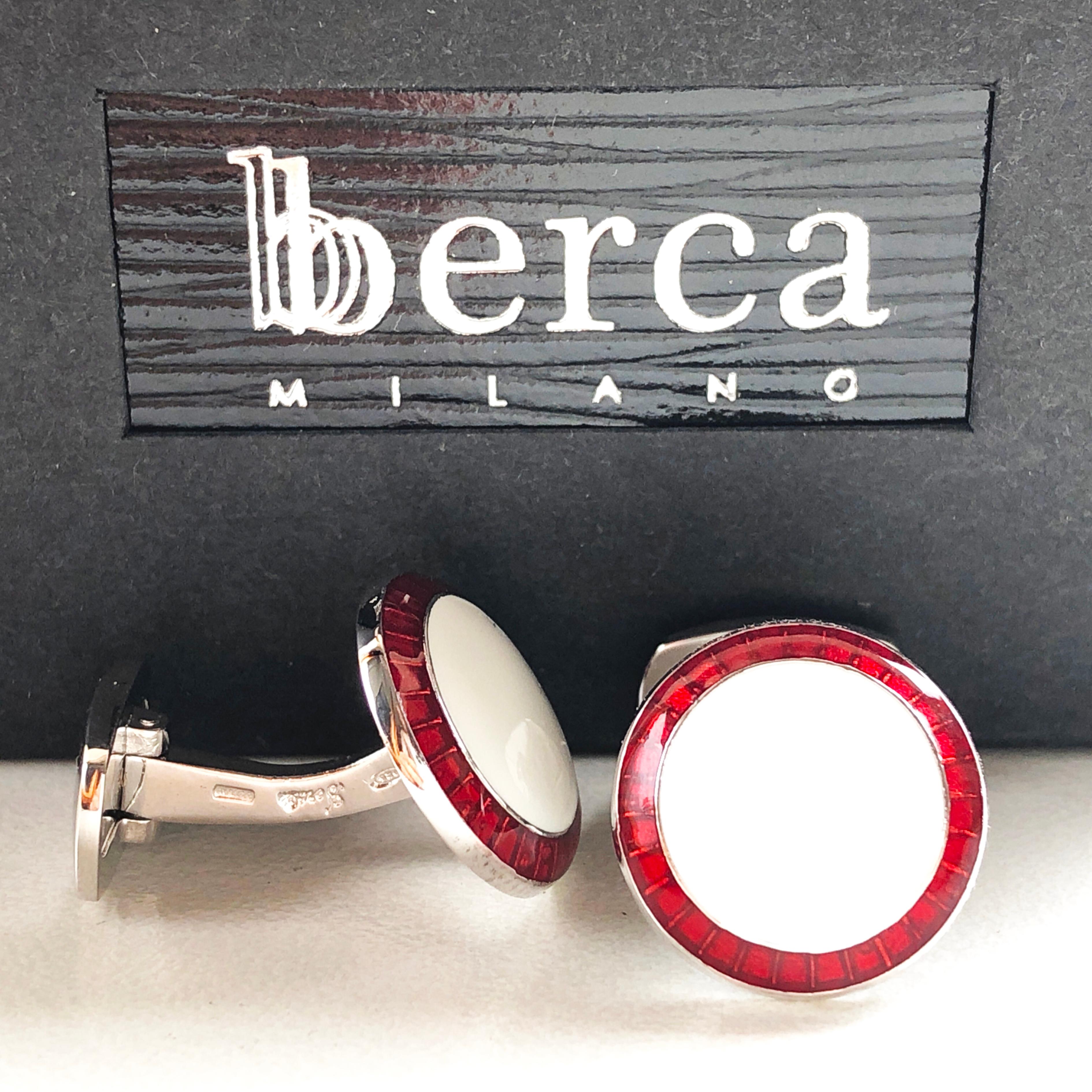 Chic yet Timeless Round White, Transparent Vivid Red Border Hand Enamelled Sterling Silver Cufflinks, T-bar back.

In our Smart Black Box and Pouch.

Front Diameter about 0.633 inches.