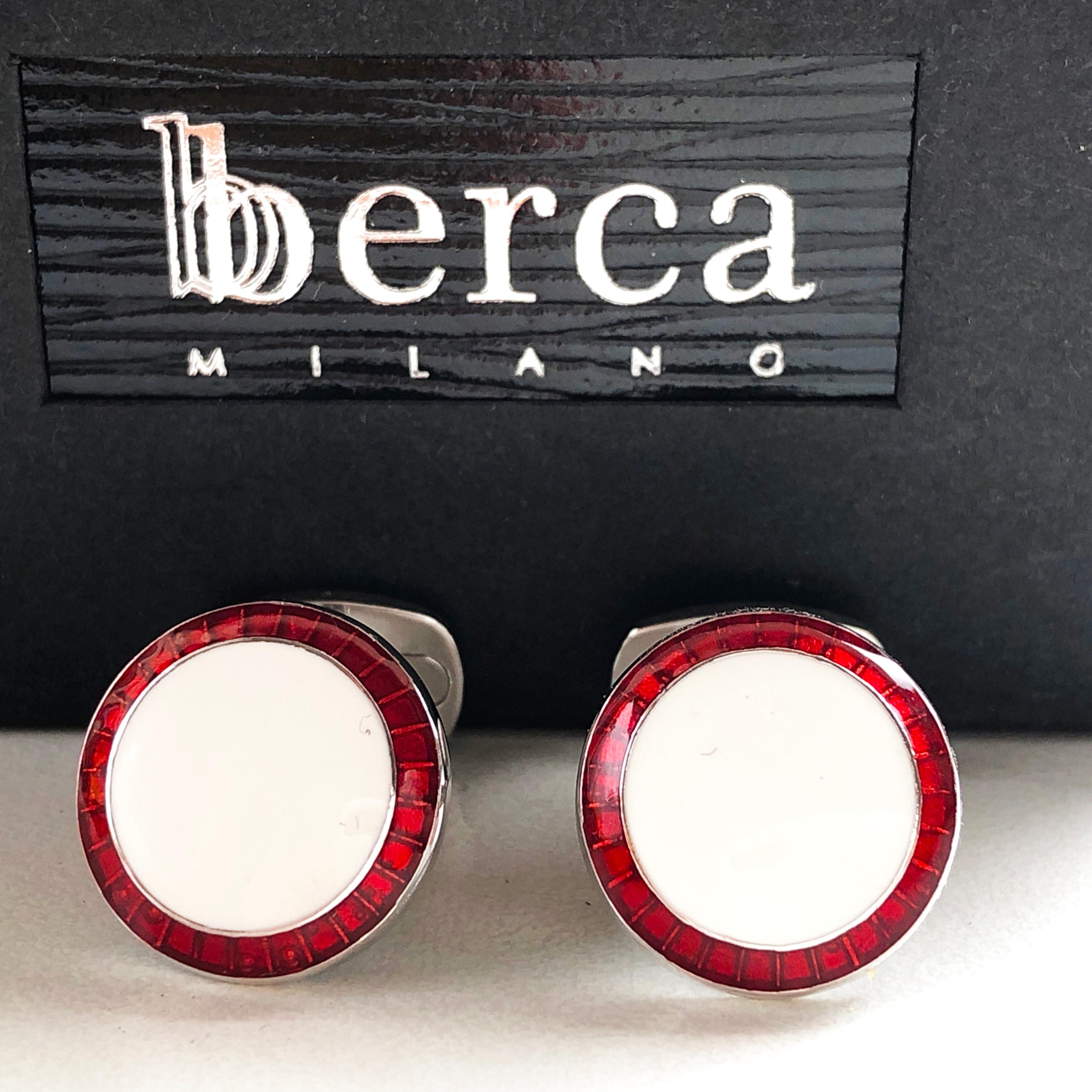 Contemporary Berca Transparent Red White Hand Enameled T-Bar Back Sterling Silver Cufflinks For Sale