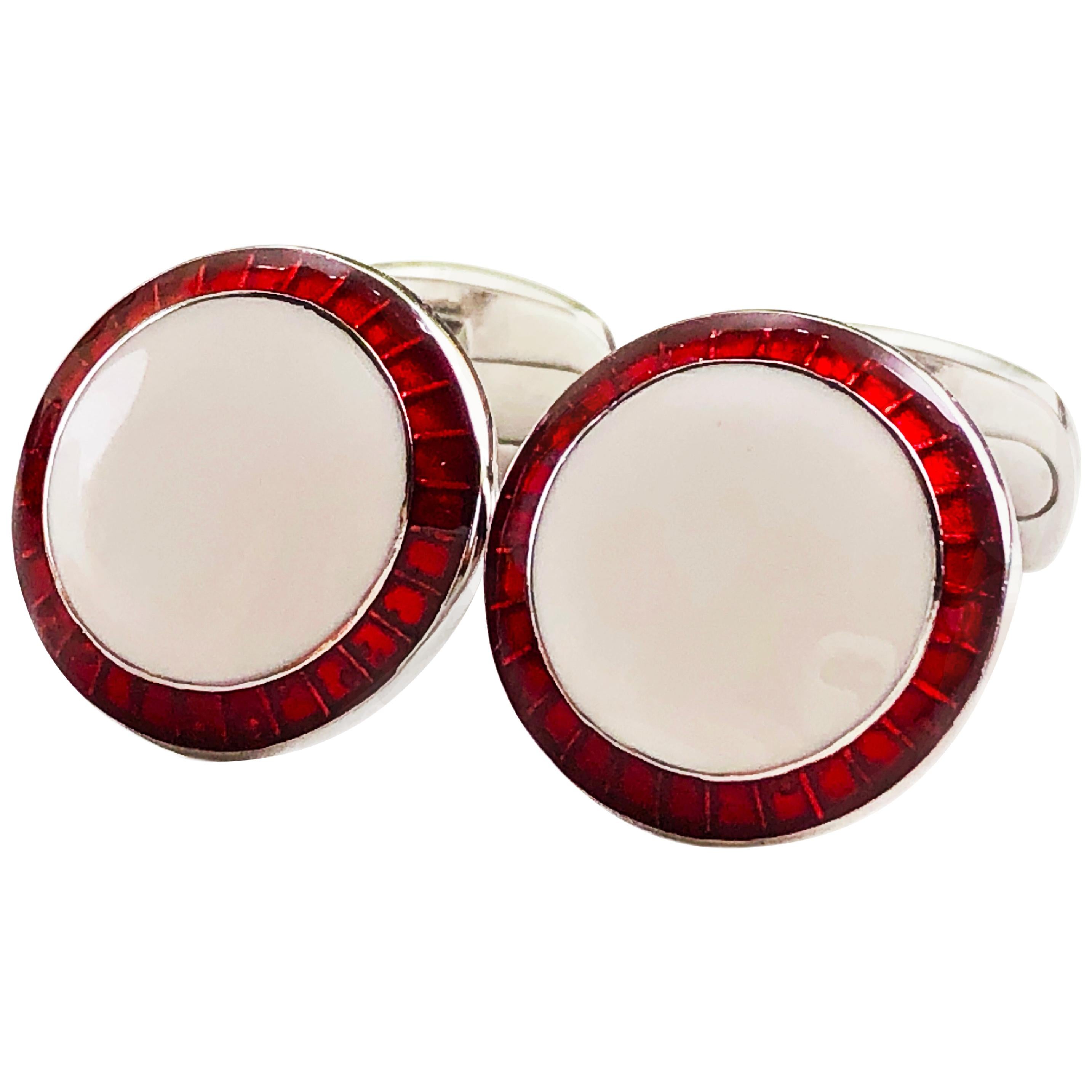 Berca Transparent Red White Hand Enameled T-Bar Back Sterling Silver Cufflinks For Sale