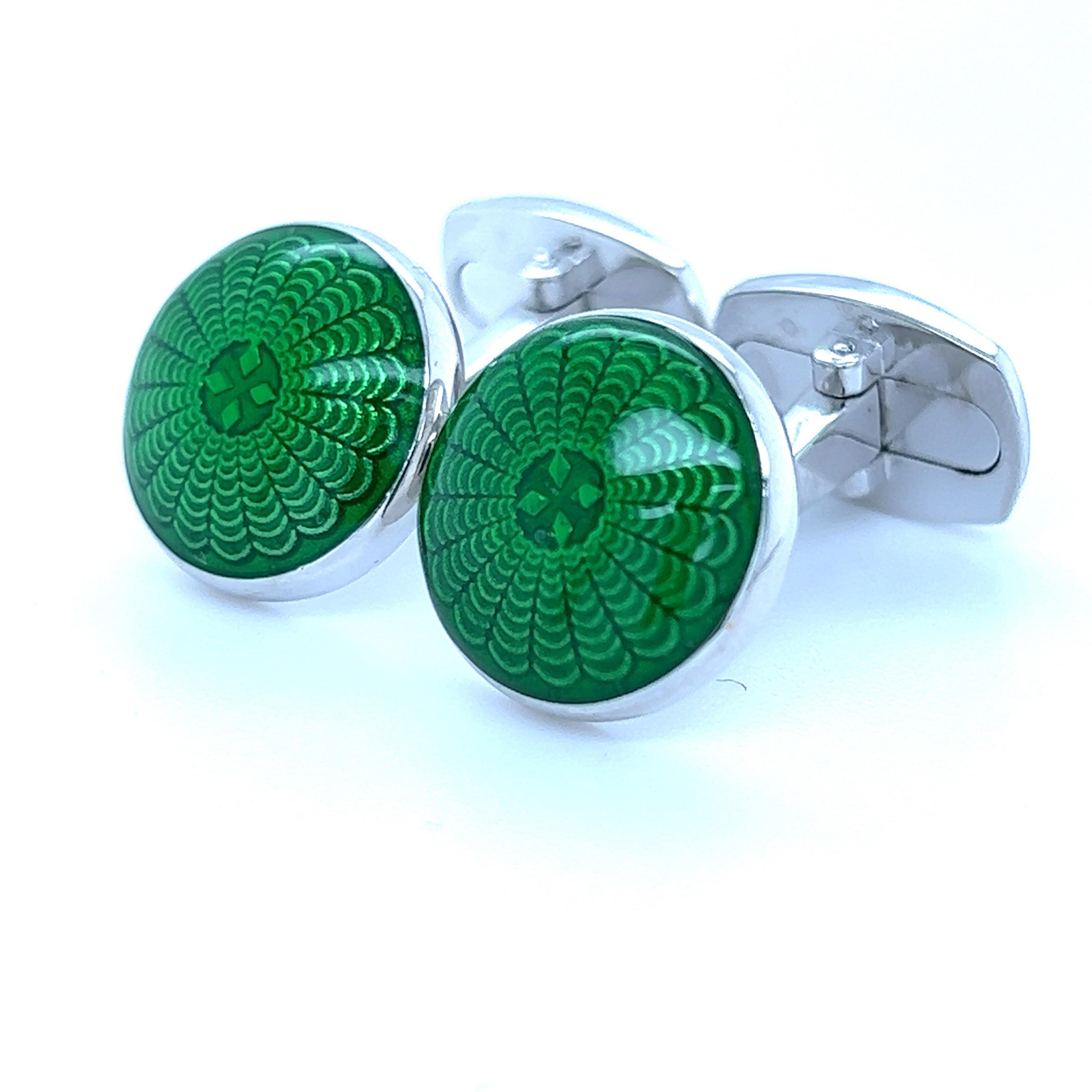 Men's Berca Vivid Green Hand Champlevé Enameled Round Sterling Silver Cufflinks For Sale
