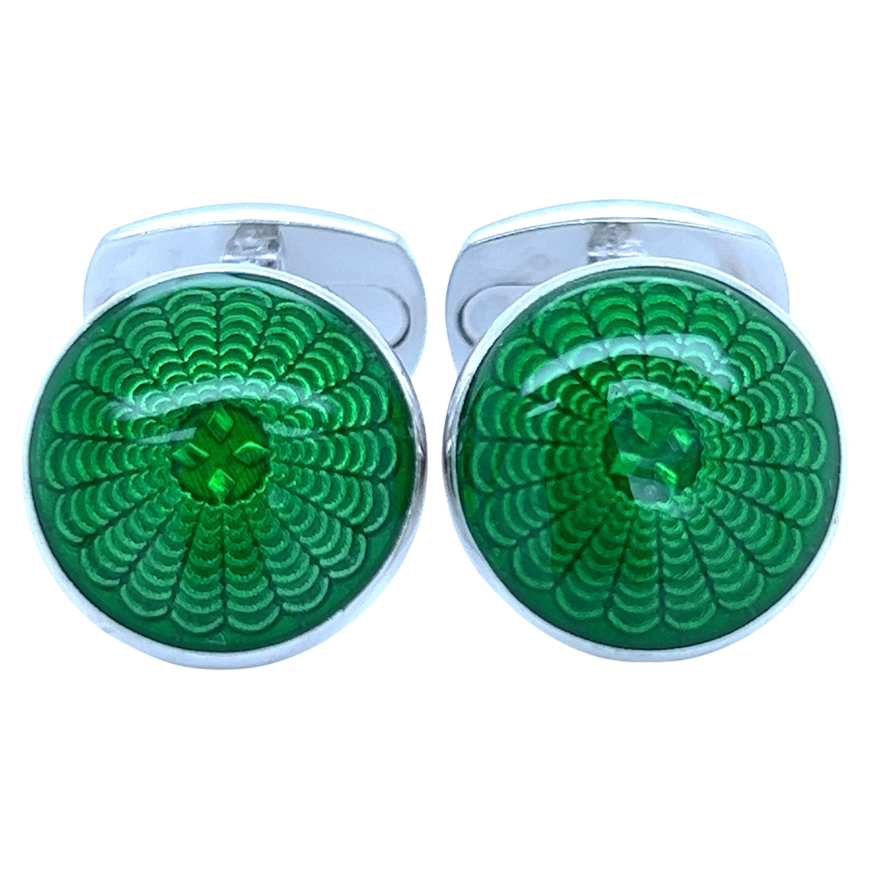 Berca Vivid Green Hand Champlevé Enameled Round Sterling Silver Cufflinks For Sale