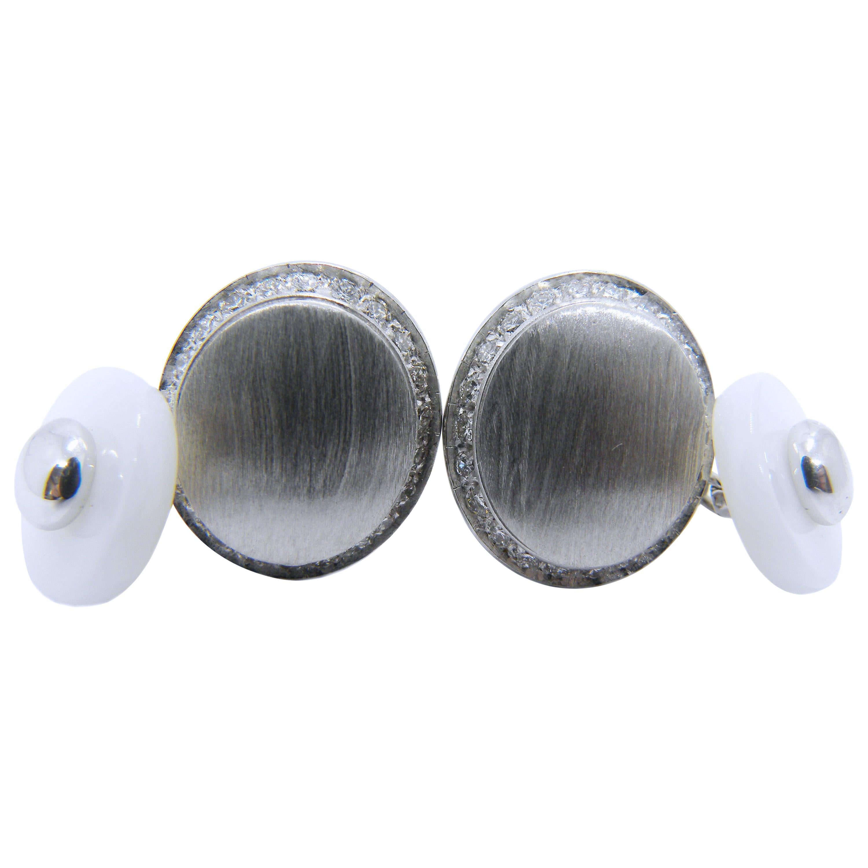 Berca White Diamond 18k Oval Hand Brushed White Gold White Agate Back Cufflinks For Sale