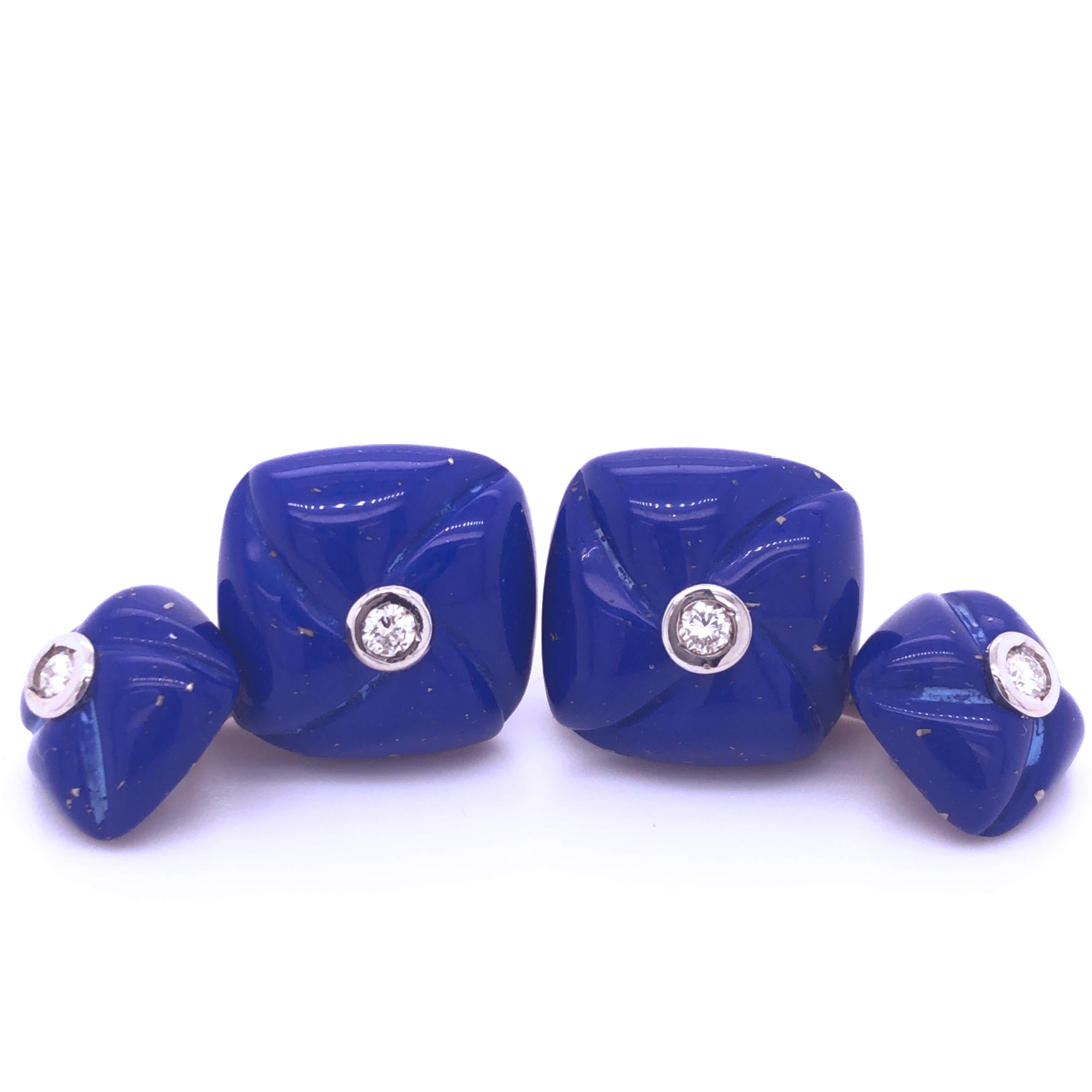 Absolutely Chic, Classy yet Timeless Squared Shaped Hand Inlaid Hand Carved Natural Persian Blue Lapis Lazuli Cufflinks featuring four 0.20 Carat Brilliant Cut Top Quality White Diamond in a White Gold Setting.
In our smart fitted Leather Case and