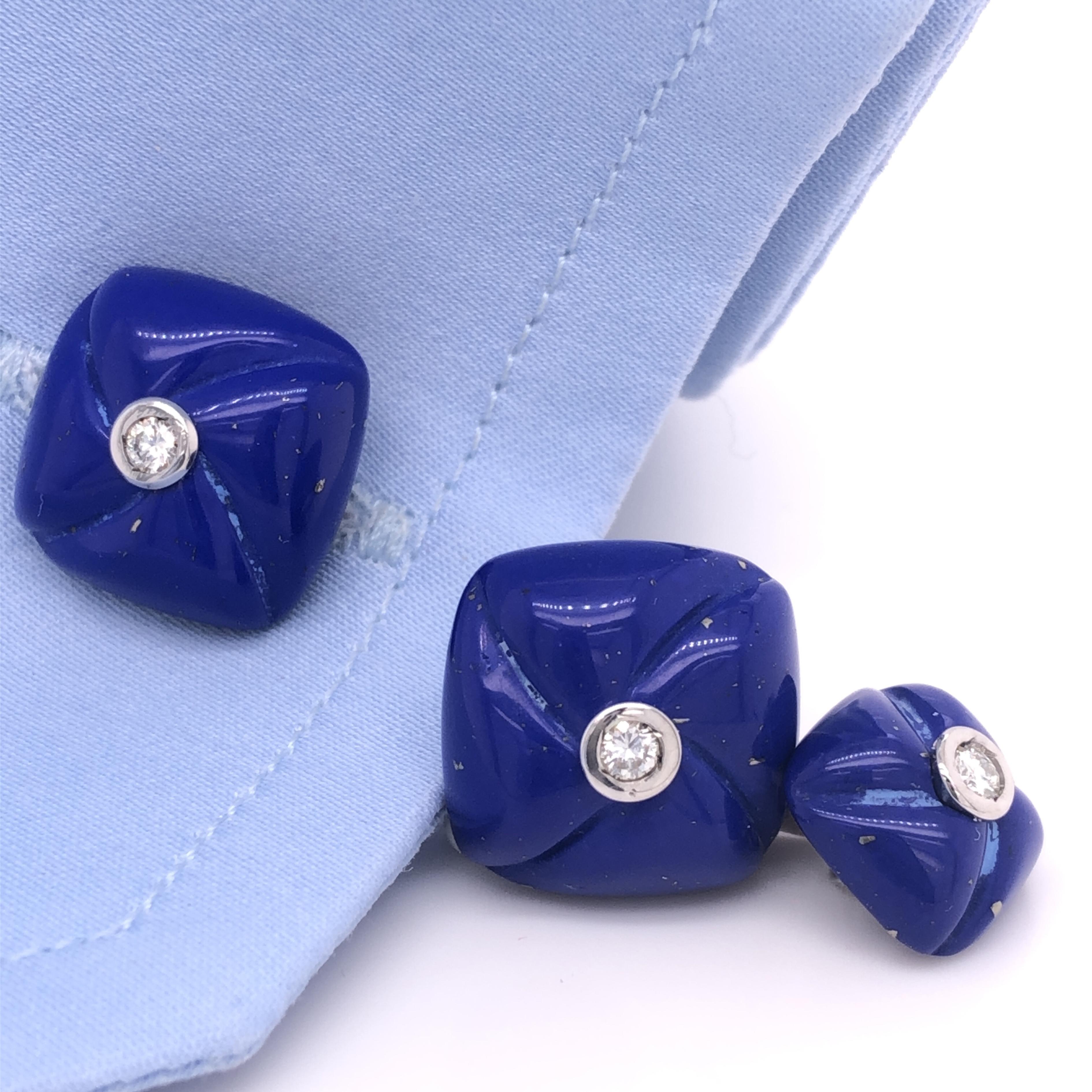 Berca White Diamond Hand Inlaid Blue Lapis Lazuli White Gold Cufflinks In New Condition For Sale In Valenza, IT