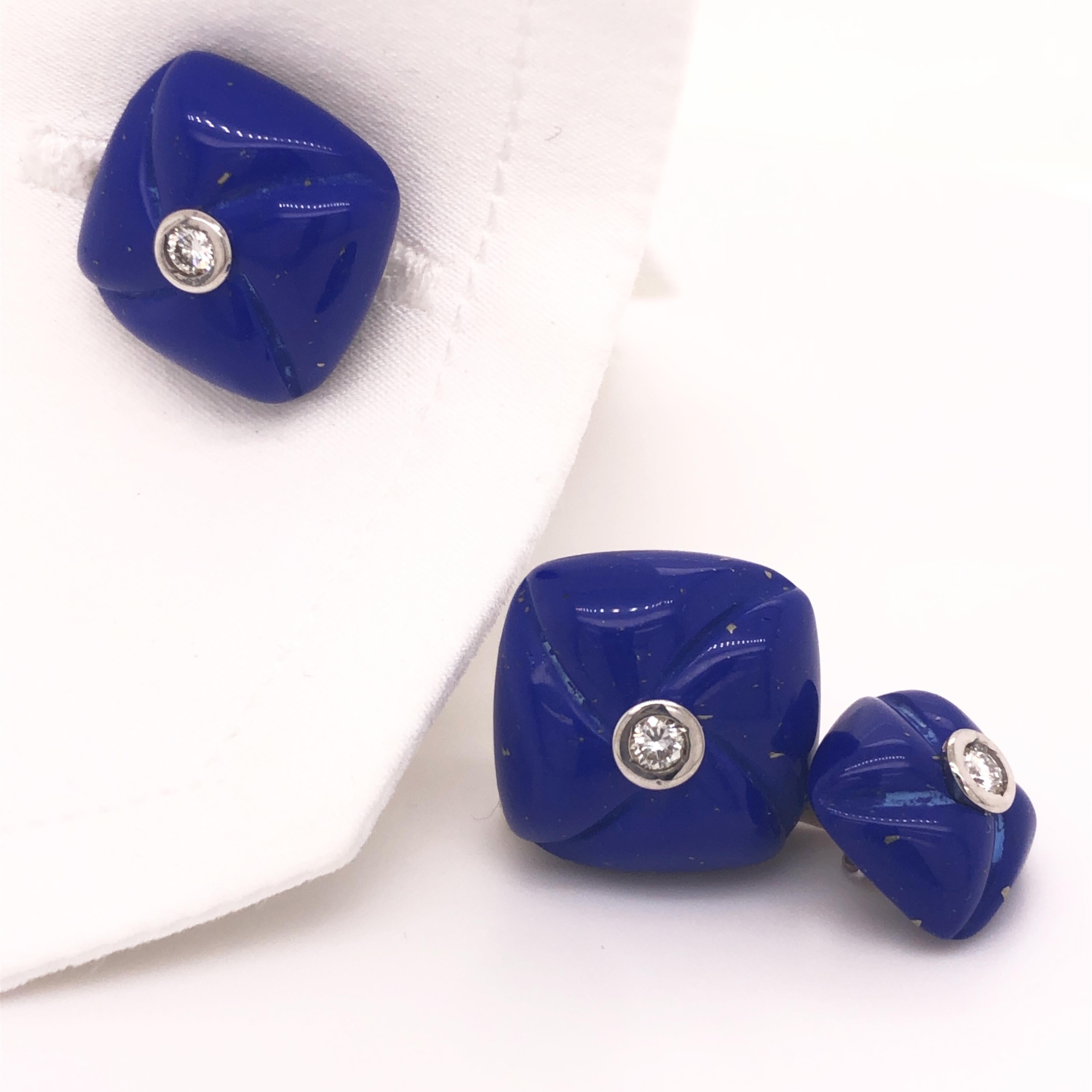 Berca White Diamond Hand Inlaid Blue Lapis Lazuli White Gold Cufflinks For Sale 2