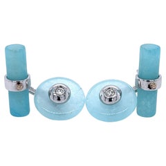 Berca White Diamond in a Milky Aquamarine Disk Setting White Gold Cufflinks