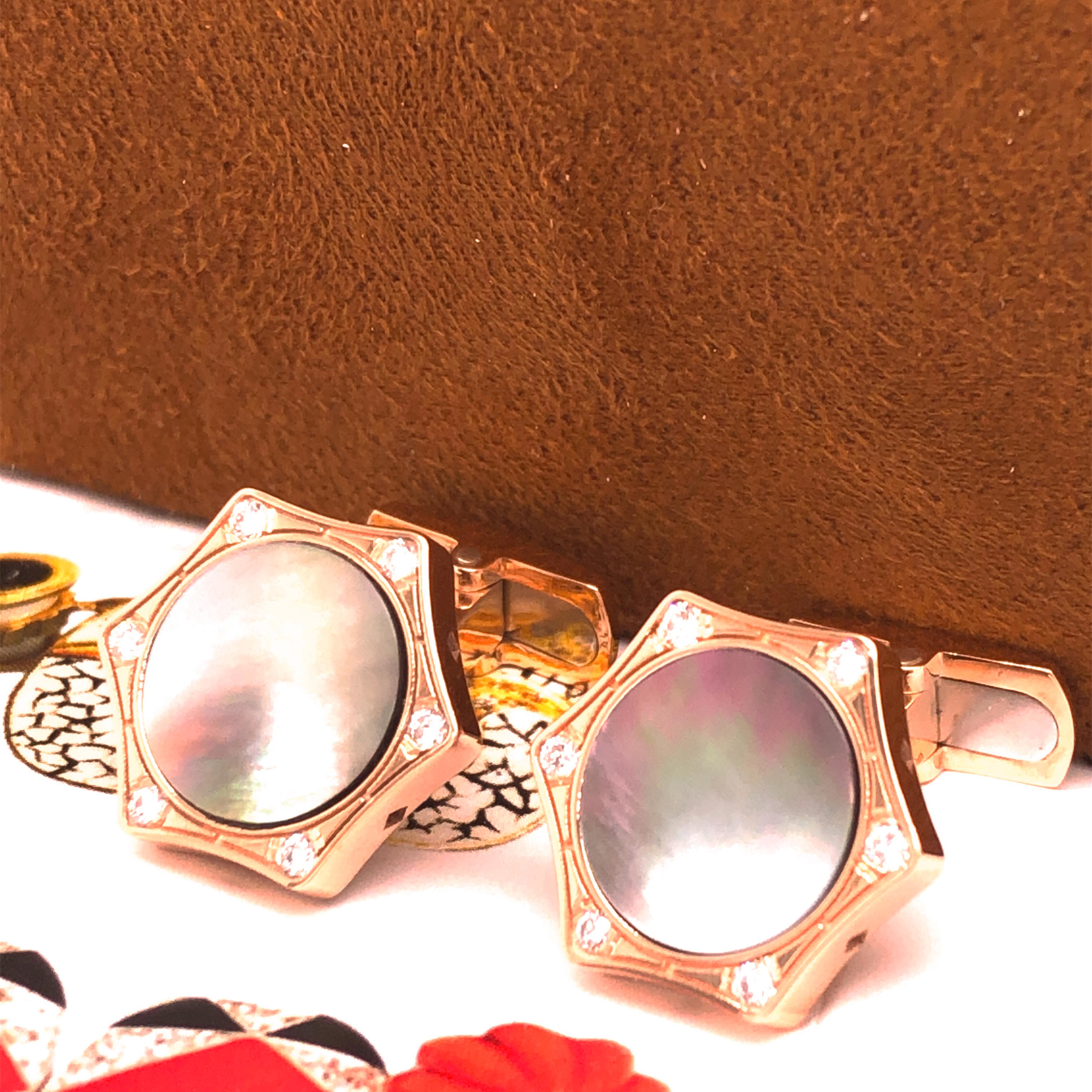 Berca White Diamond Grey Mother of Pearl Enameled 18 Karat Rose Gold Cufflinks For Sale 7