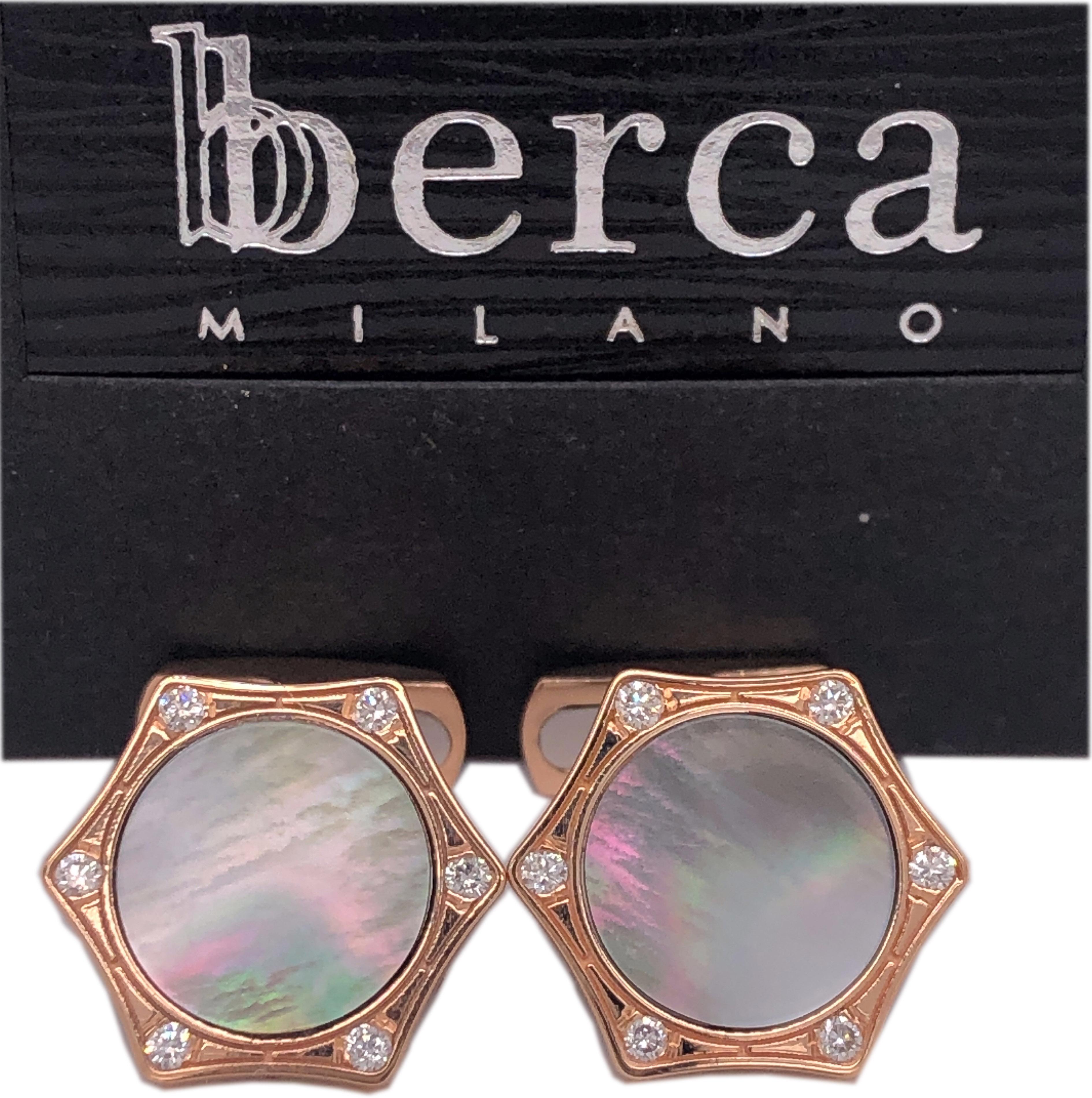 Smart, Chic, yet Timeless pair of Cufflinks featuring 0.22Kt White Diamond, Light Grey Mother-of-pearl hand enameled disk in an 18K Rose Gold Setting. 
Hand enameled  Mother of pearl shows magic iridescent shades from pale beige to peacock green to