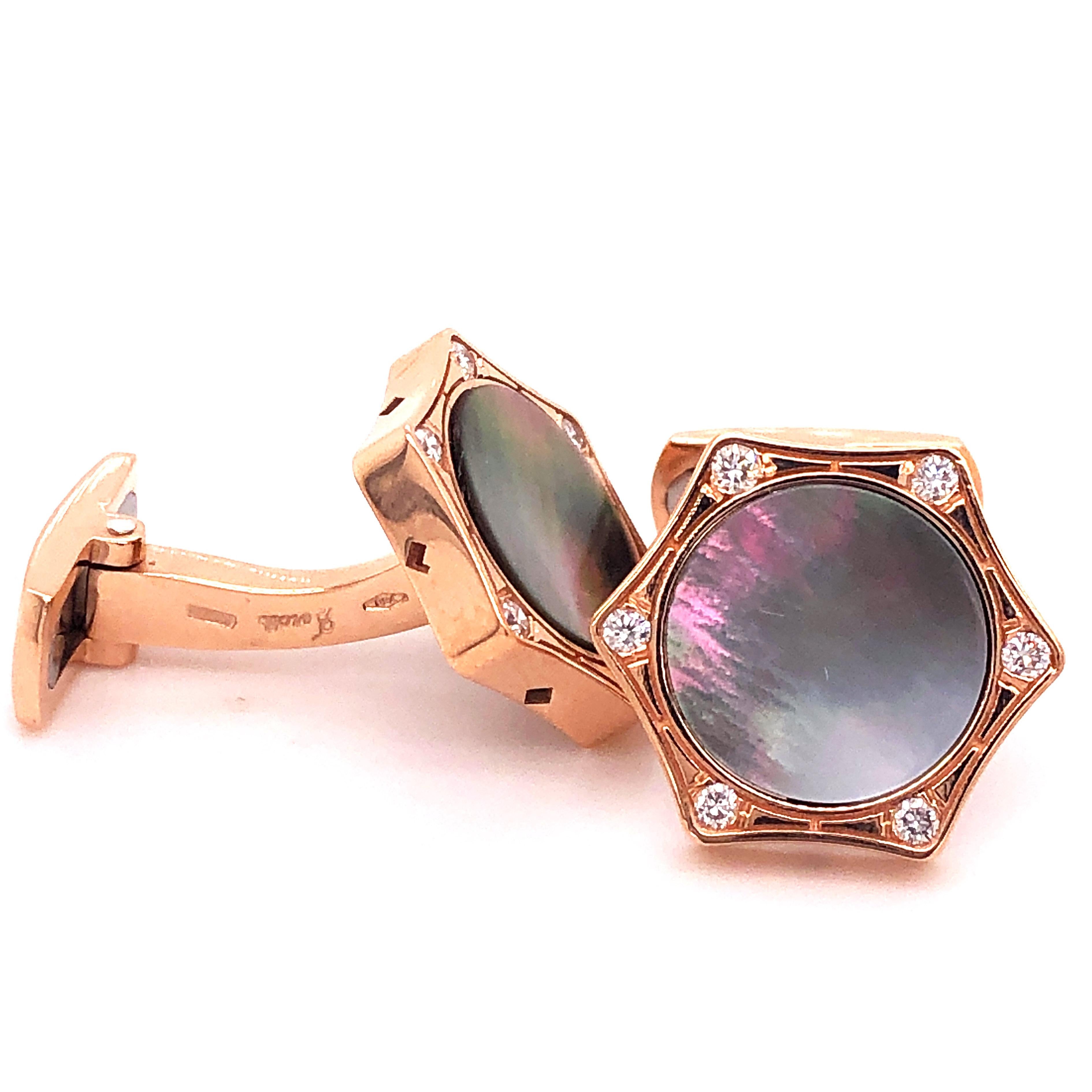 Brilliant Cut Berca White Diamond Grey Mother of Pearl Enameled 18 Karat Rose Gold Cufflinks For Sale