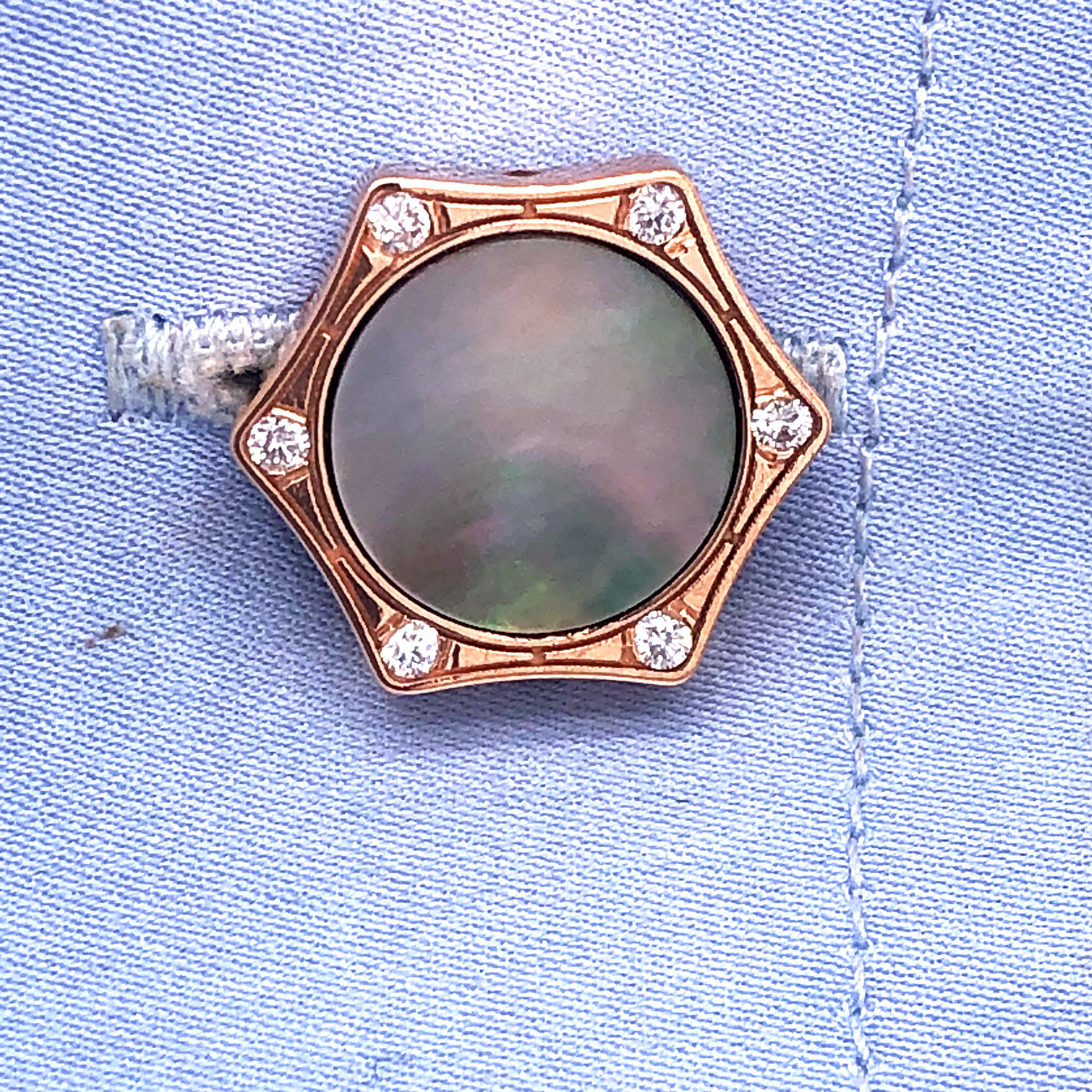 Berca White Diamond Grey Mother of Pearl Enameled 18 Karat Rose Gold Cufflinks In New Condition For Sale In Valenza, IT