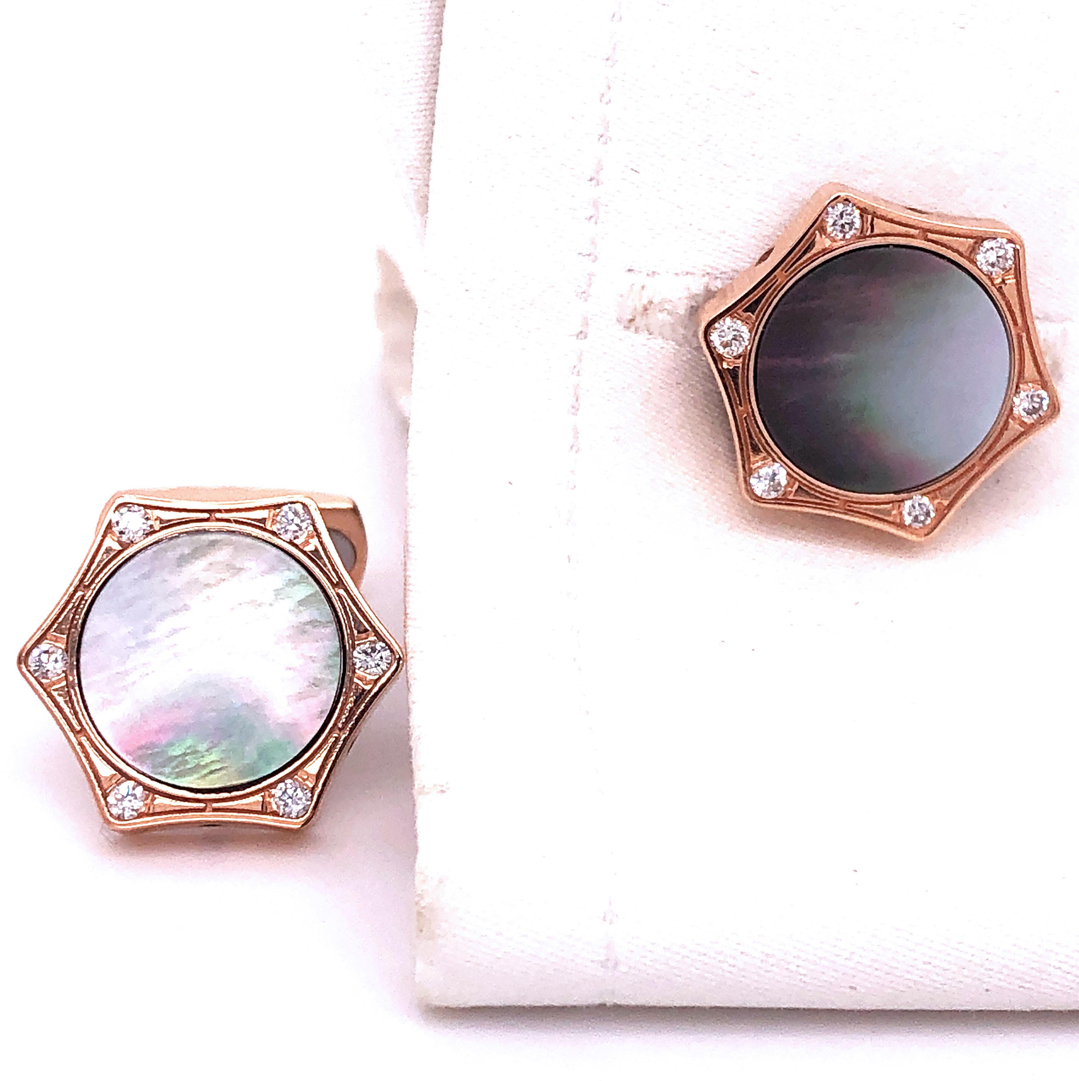 Berca White Diamond Grey Mother of Pearl Enameled 18 Karat Rose Gold Cufflinks For Sale 3