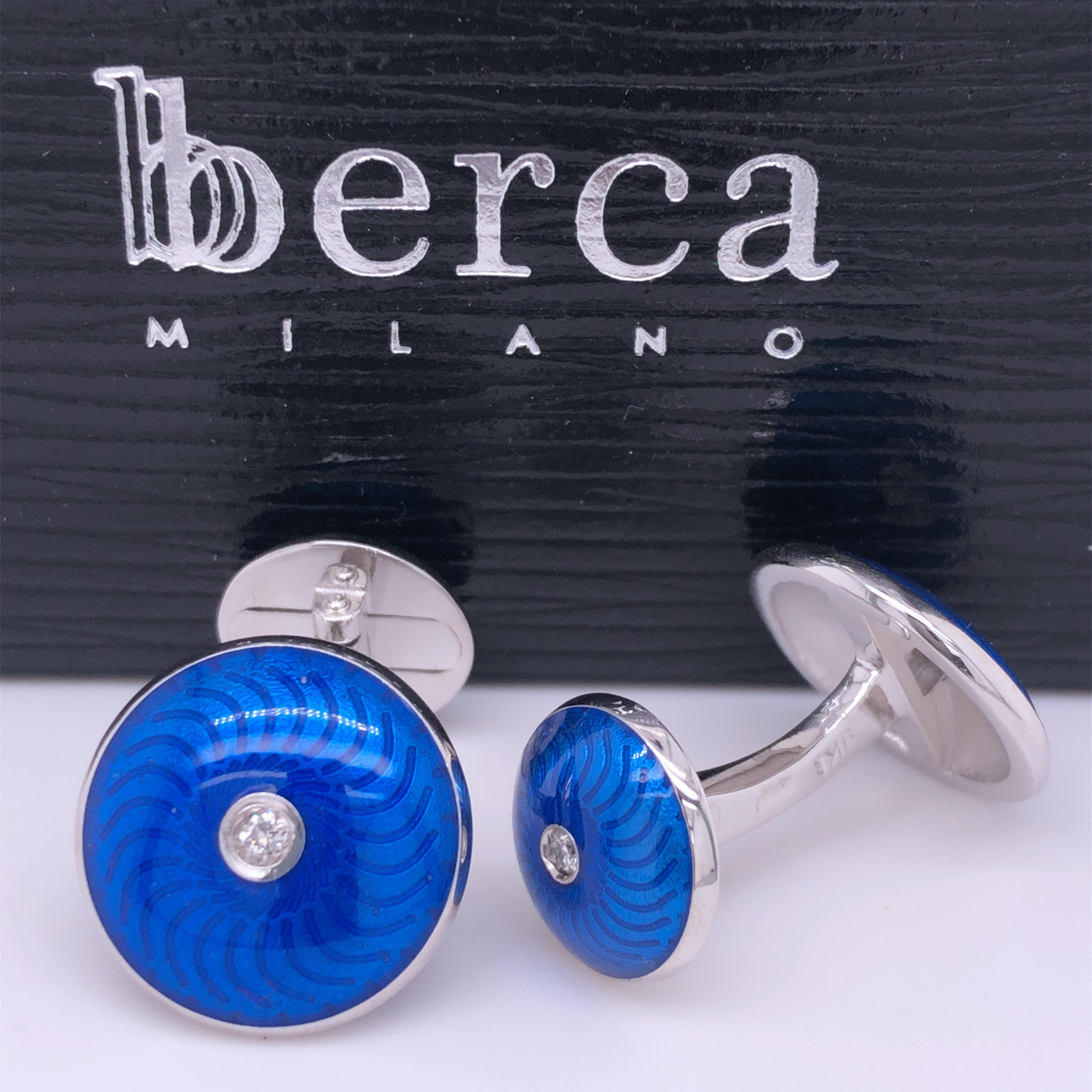 Unique, absolutely Chic yet Timeless 0.11 Carat White Diamond in a Navy Blue Guilloché Hand Enamelled Round Cabochon Shaped White Gold Setting Cufflinks.
In our fitted Tobacco Leather Case and Pouch.