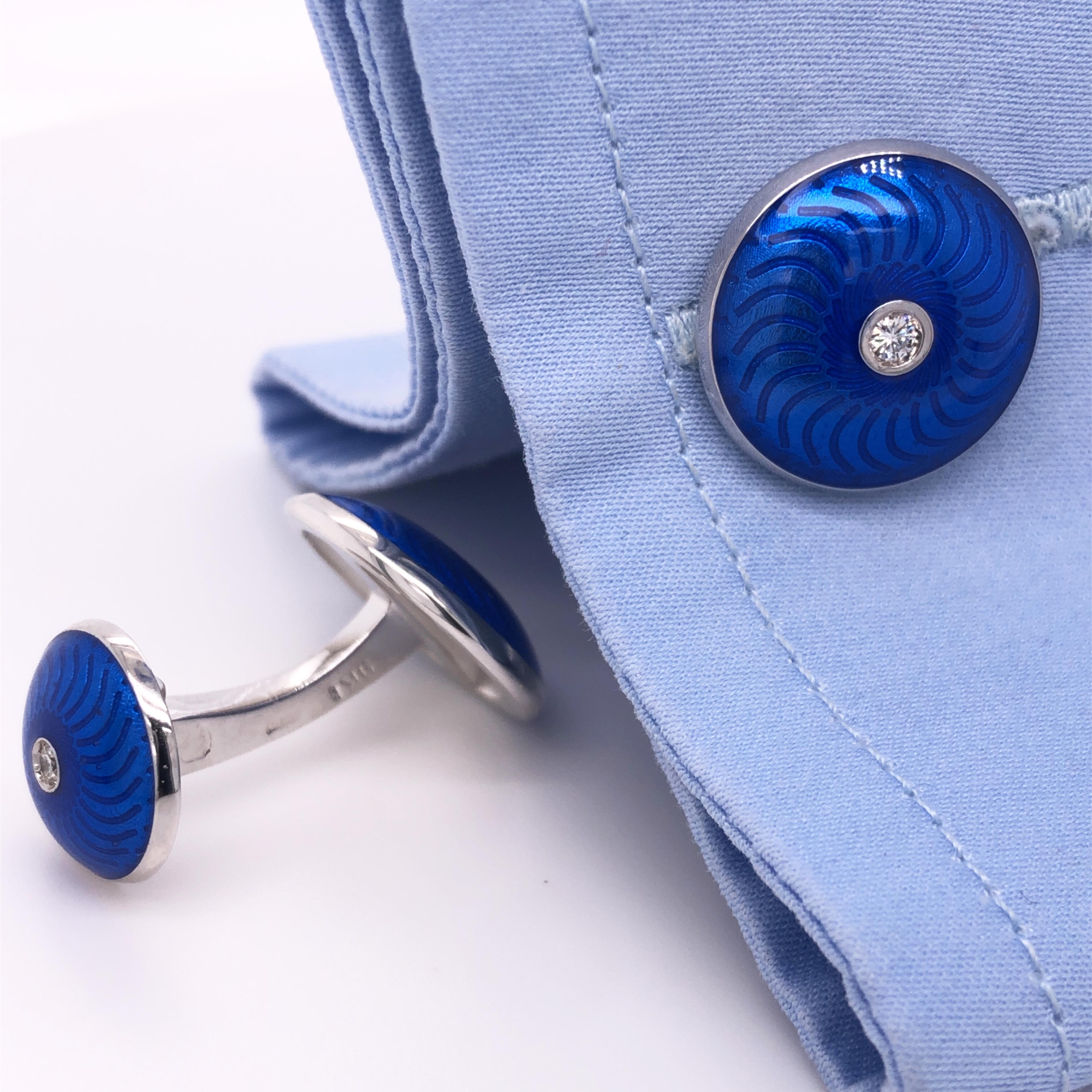 Contemporary Berca White Diamond Navy Blue Guilloché Hand Enameled White Gold Cufflinks For Sale