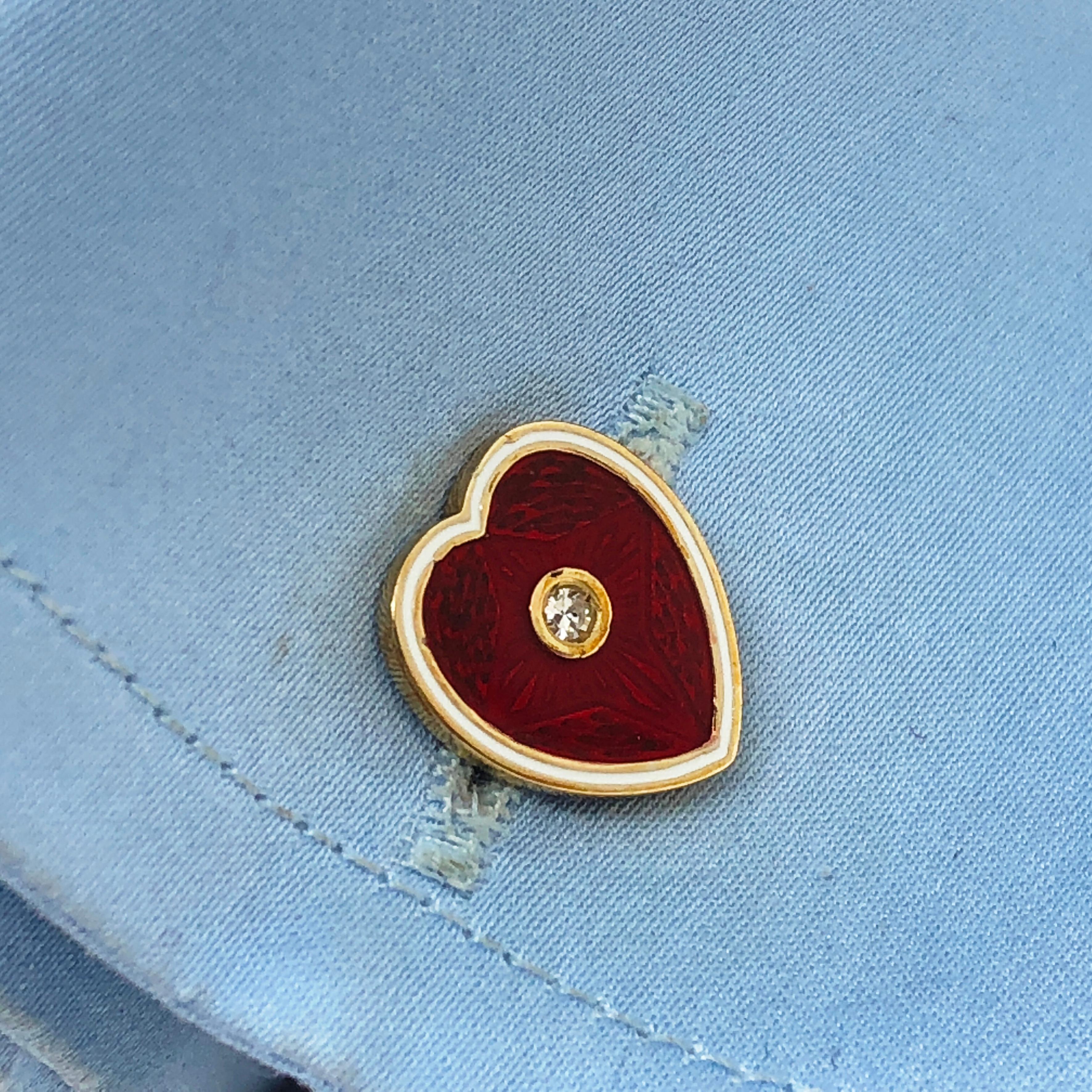Berca White Diamond Red White Enameled Little Heart Shaped Gold Cufflinks For Sale 6