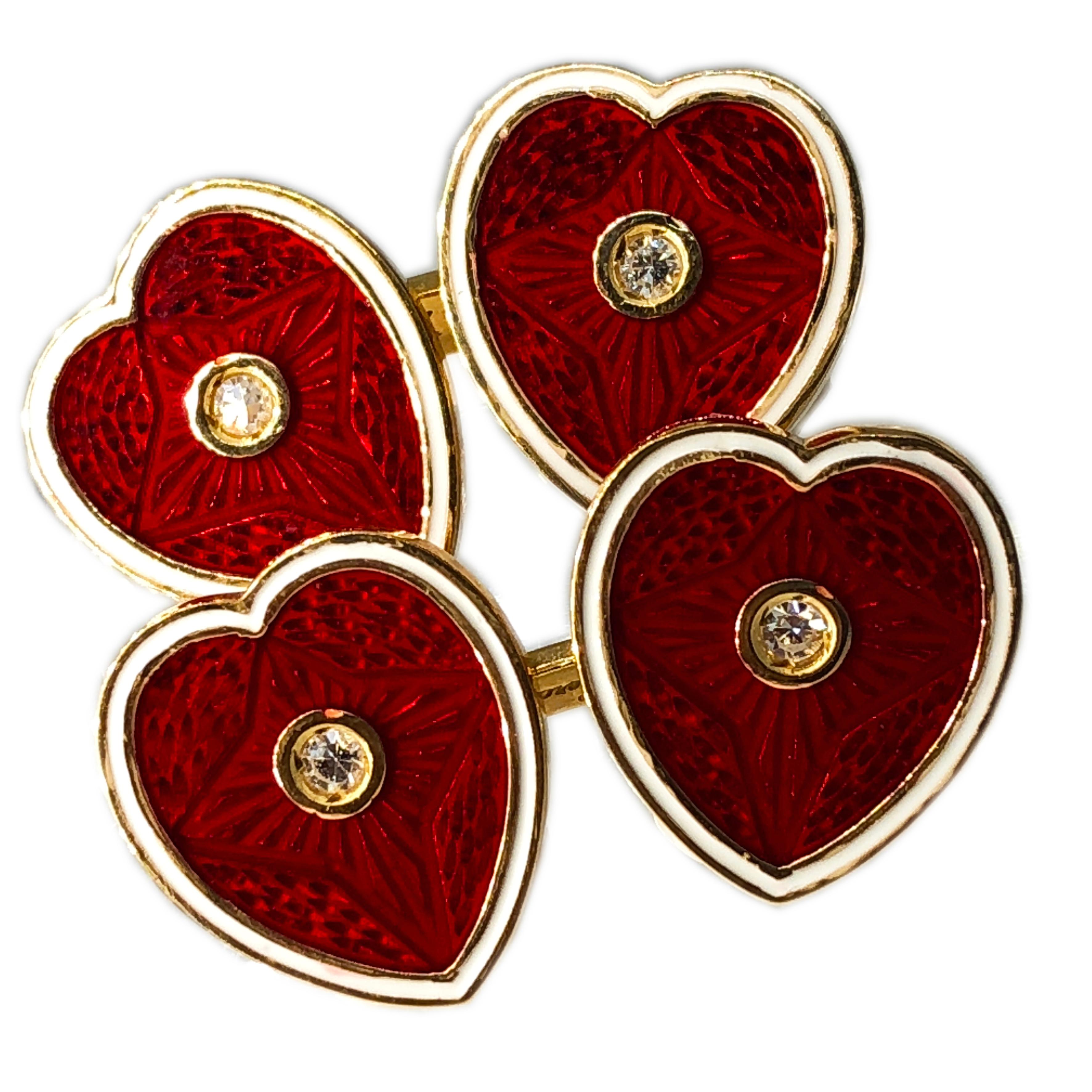 Chic and Glamorous, Timeless yet not Traditional Cufflinks: the white edge red hearts are enamelled using antique champlevé technique, four white diamonds(0.15k) in a yellow gold setting complete this little work of art. 
In our fitted tobacco