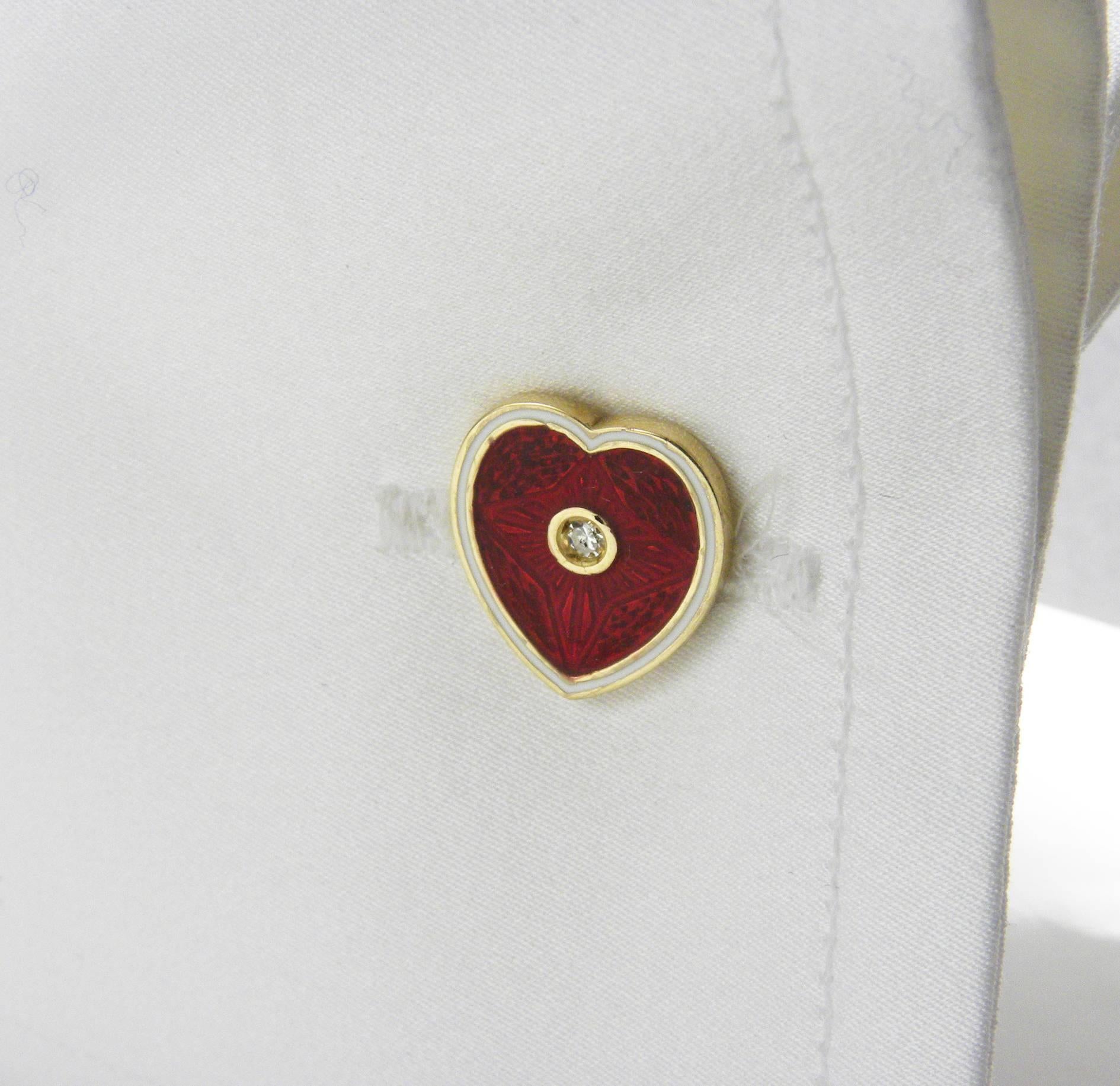 Berca Weißer Diamant Rot Weiß Emaillierte Kleine Herzform Gold Manschettenknöpfe im Zustand „Neu“ im Angebot in Valenza, IT