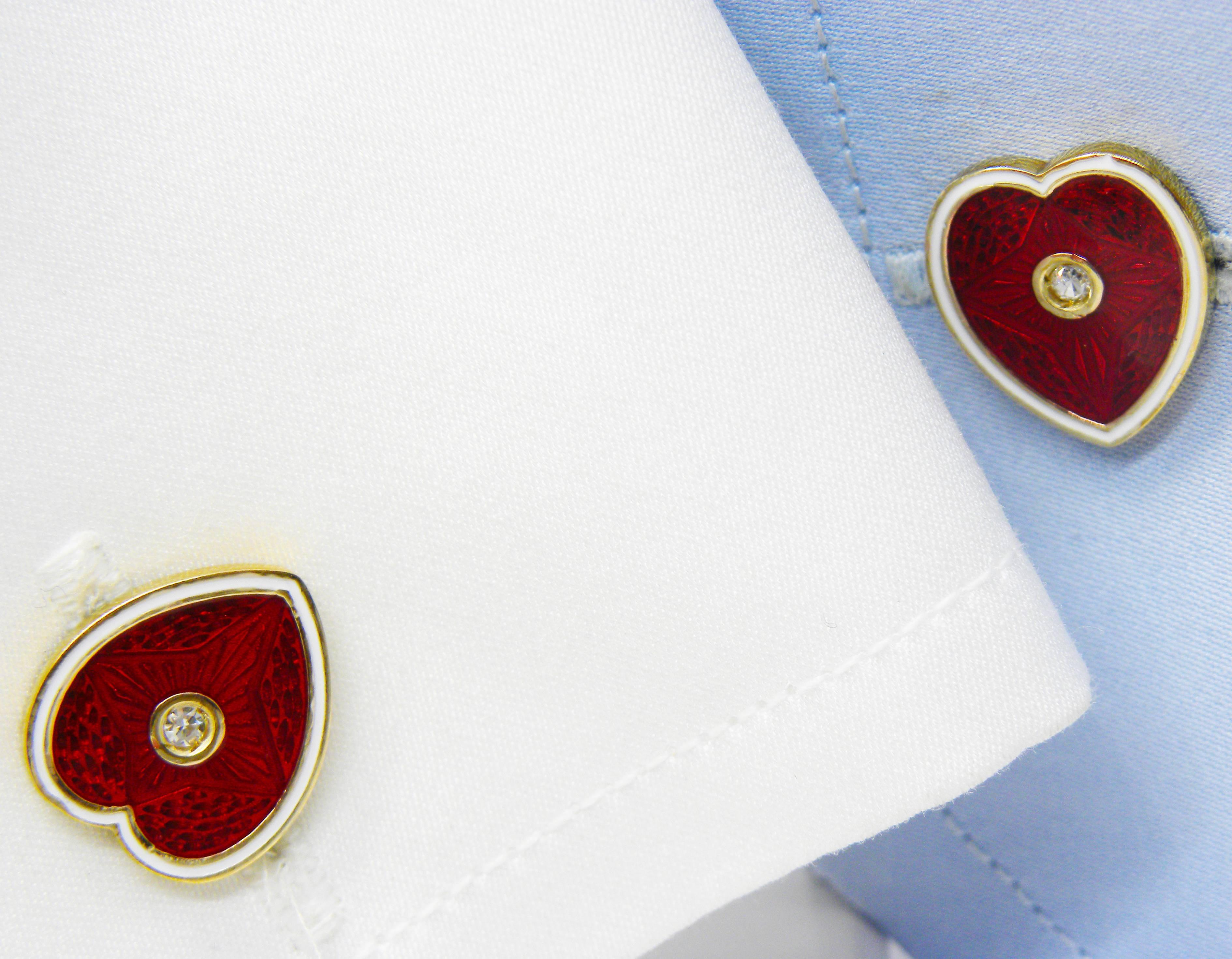 Women's or Men's Berca White Diamond Red White Enameled Little Heart Shaped Gold Cufflinks For Sale
