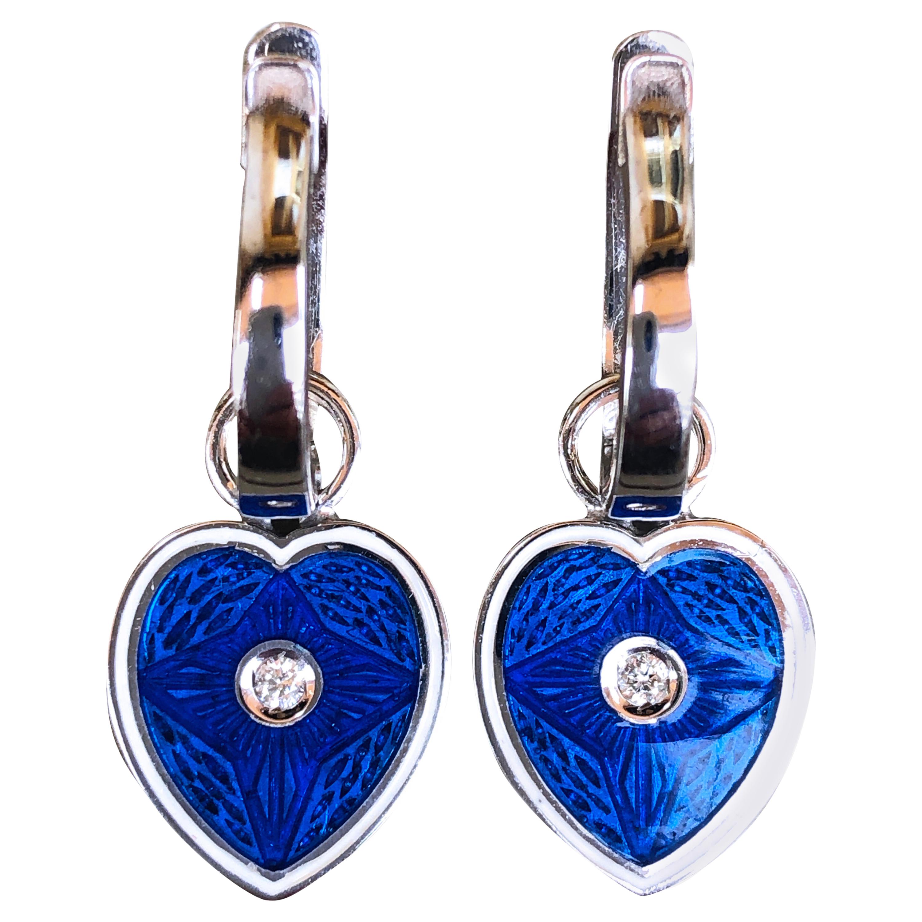 Berca White Diamond White Royal Blue Heart Shaped Gold Removable Dangle Earrings
