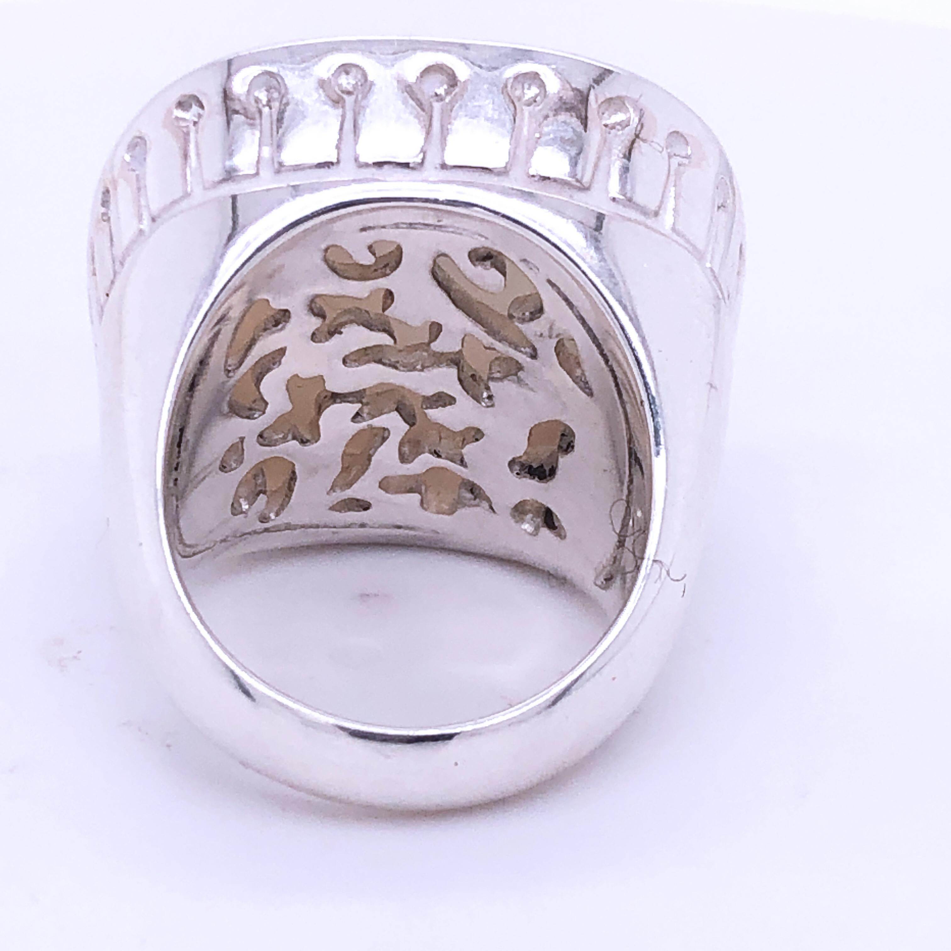 Berca White Enameled Hand Engraved Sterling Silver Ring For Sale 1
