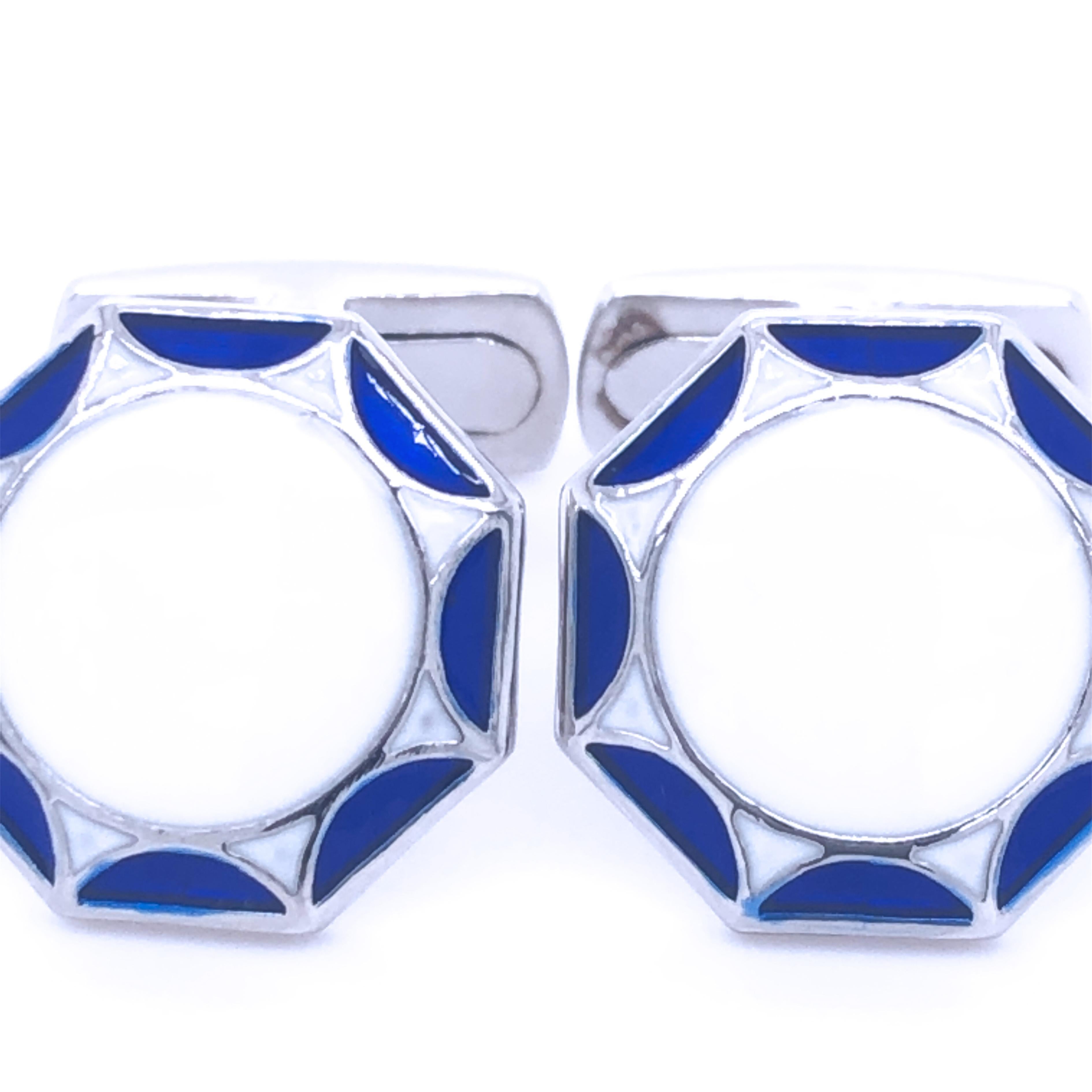 Chic yet Timeless Octagonal White, Navy Blue Hand Enamelled Sterling Silver Cufflinks, T-bar back.
In our Smart Black Box and Pouch.

Front Diameter about 0.55 inches.