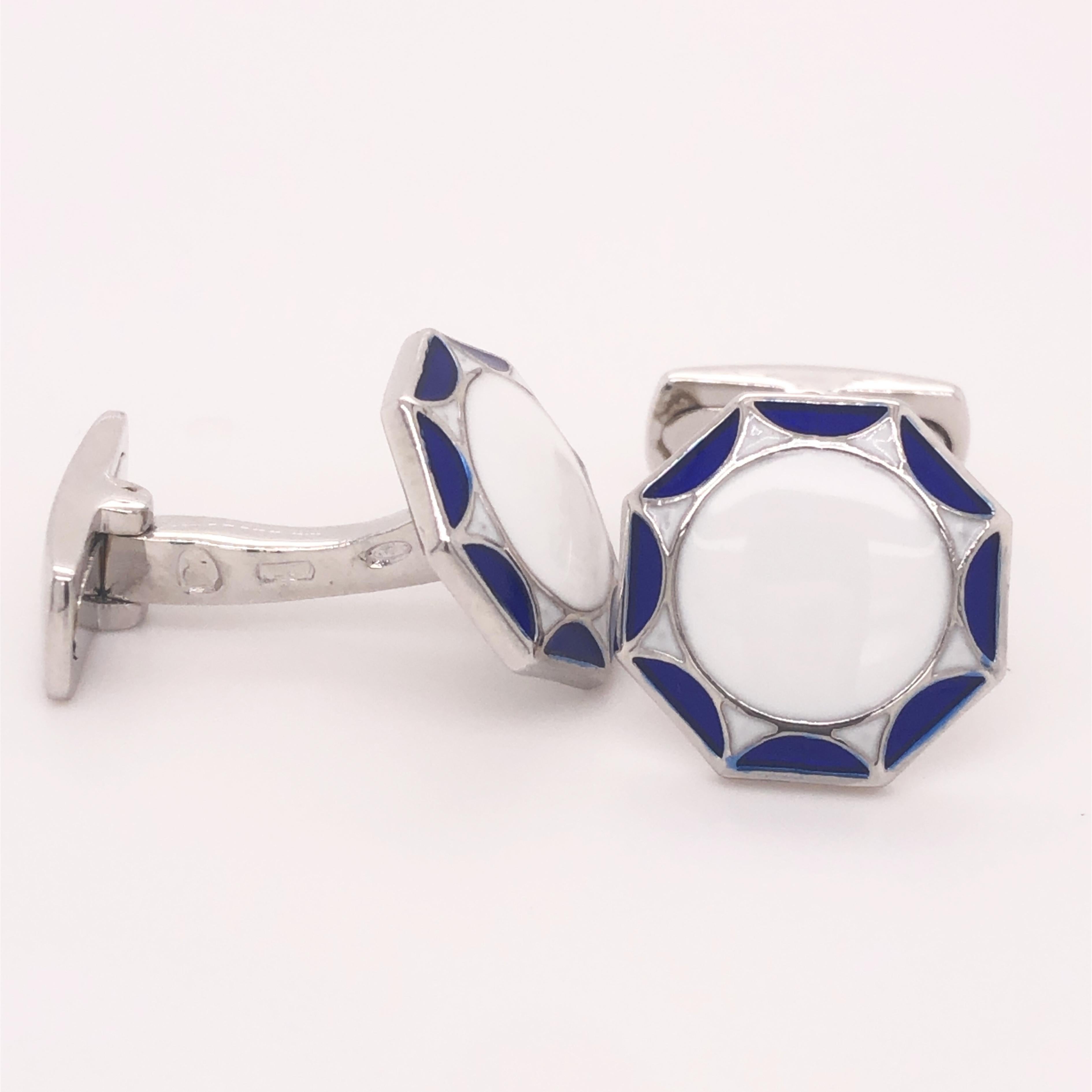 Contemporary Berca White Navy Blue Enameled Sterling Silver Cufflinks T-Bar Back For Sale